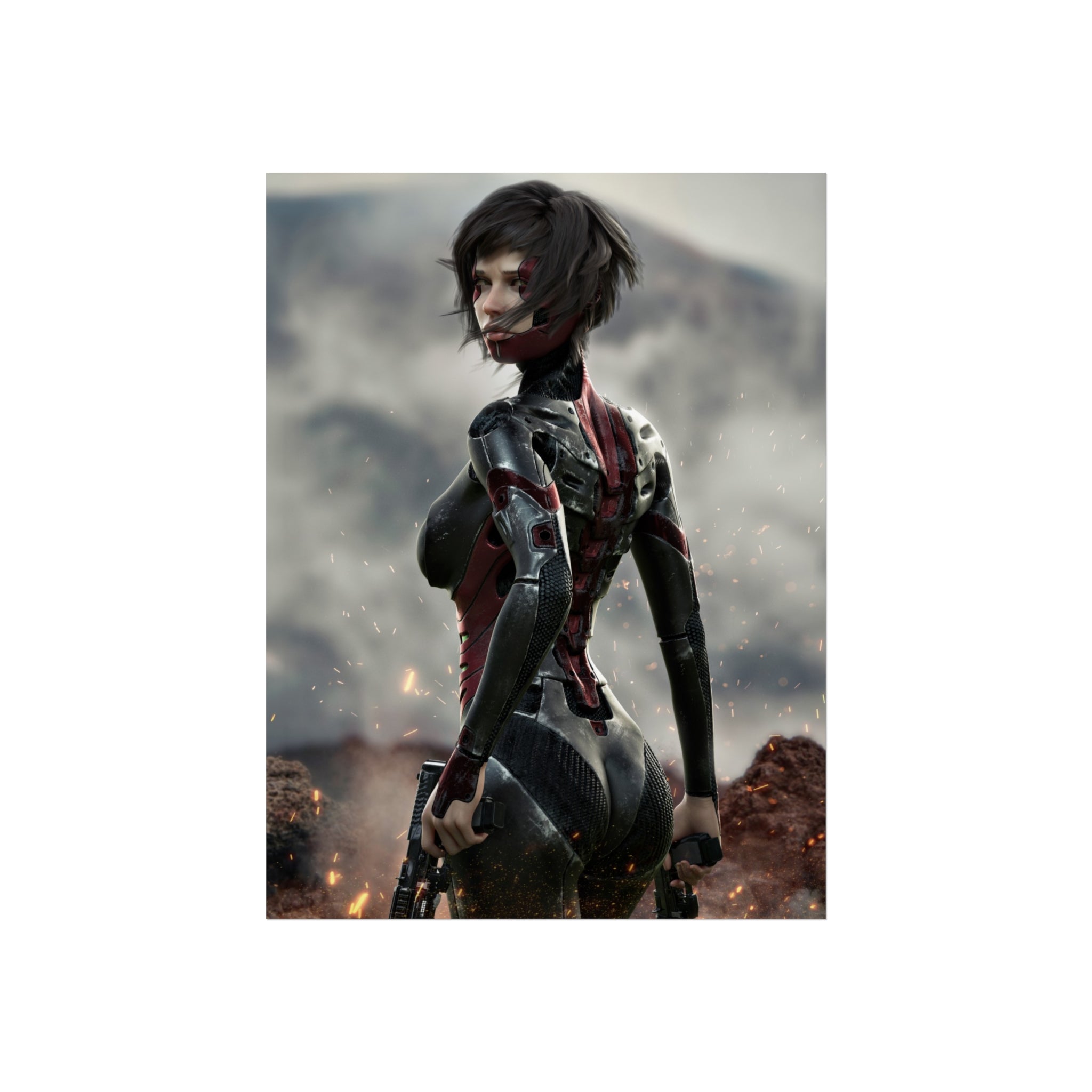 Póster de arte fino de guerrera de ciencia ficción — Arte de pared de soldado cibernética femenina - Sin IA - Arte ilustrativo creado por humanos