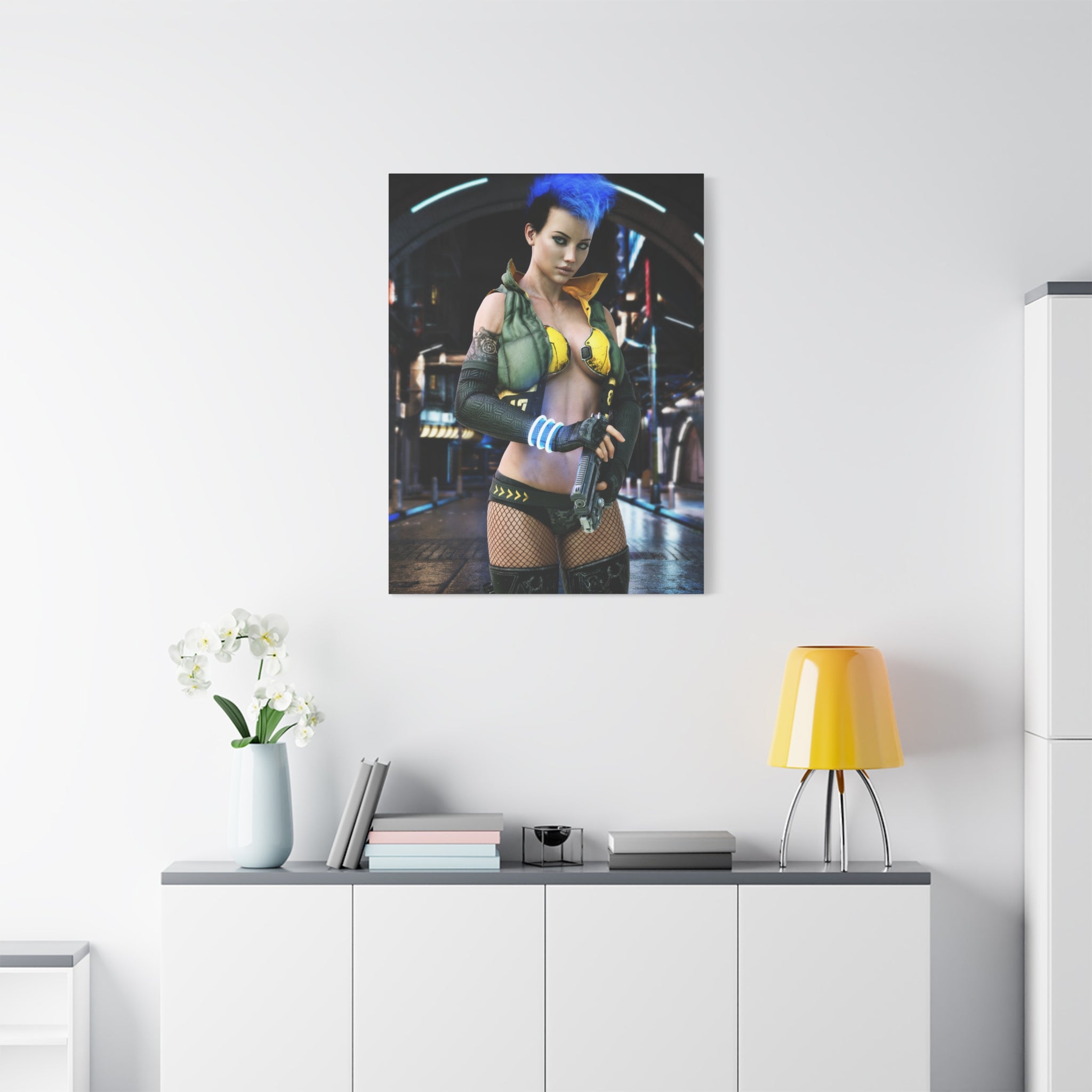Cyberpunk Femme Fatale Canvas Print — Matte Stretched Wall Art -No AI- Human created illustration art