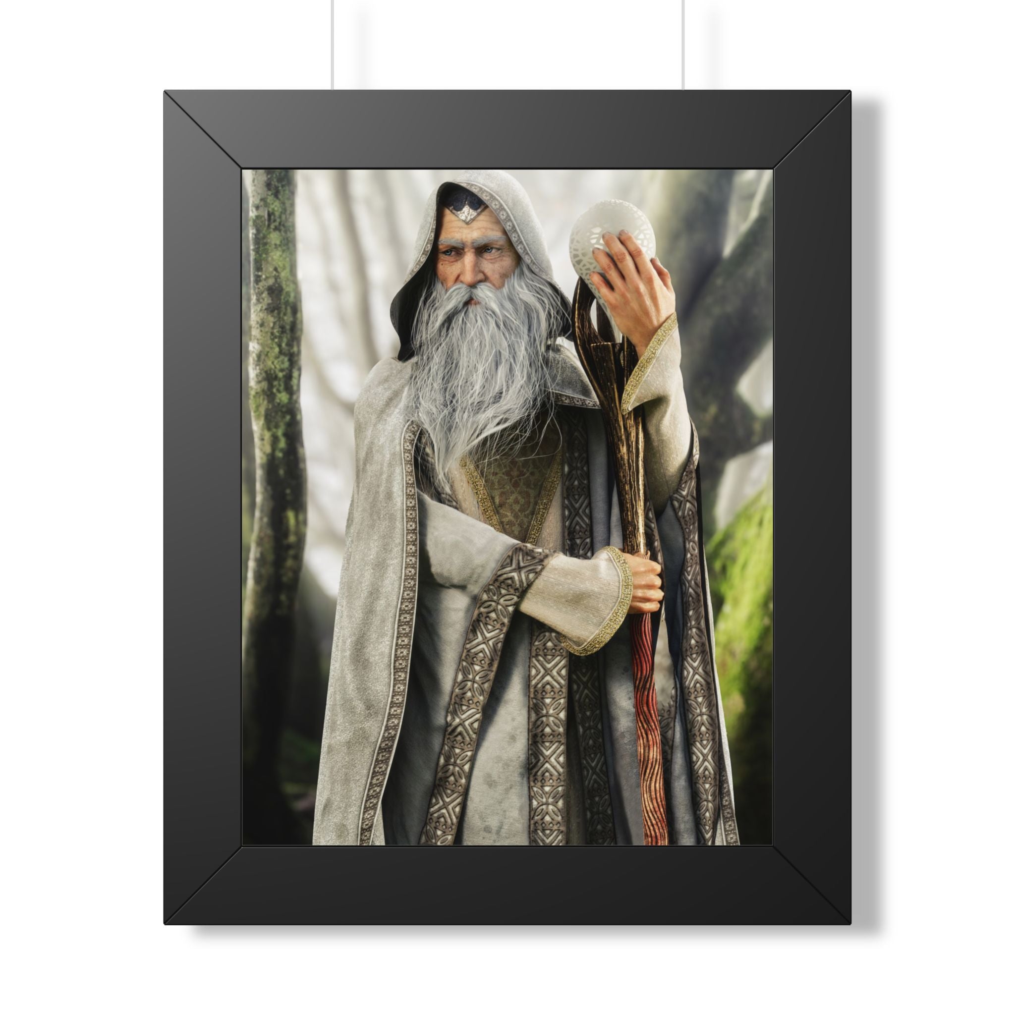 Framed Poster — Wise Wizard with Staff Fantasy Art- No ai - Human created illustration art