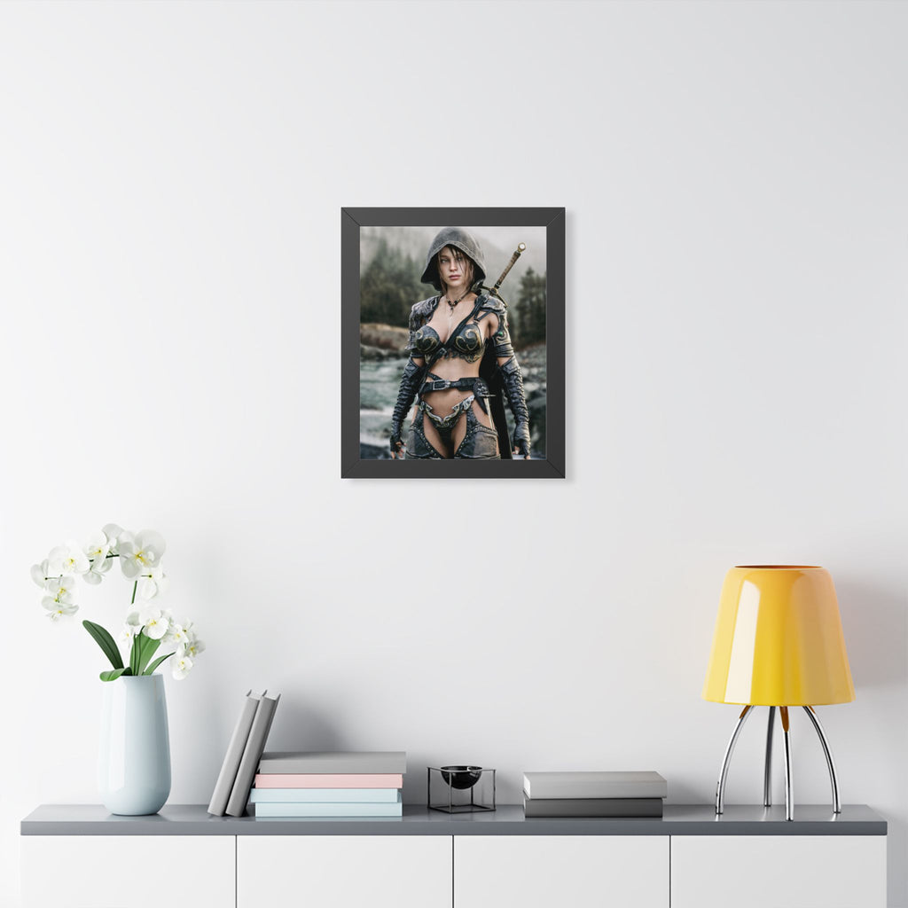 Framed Poster - Fantasy Female Ranger Warrior Art (Vertical) - No AI- Human created illustration art