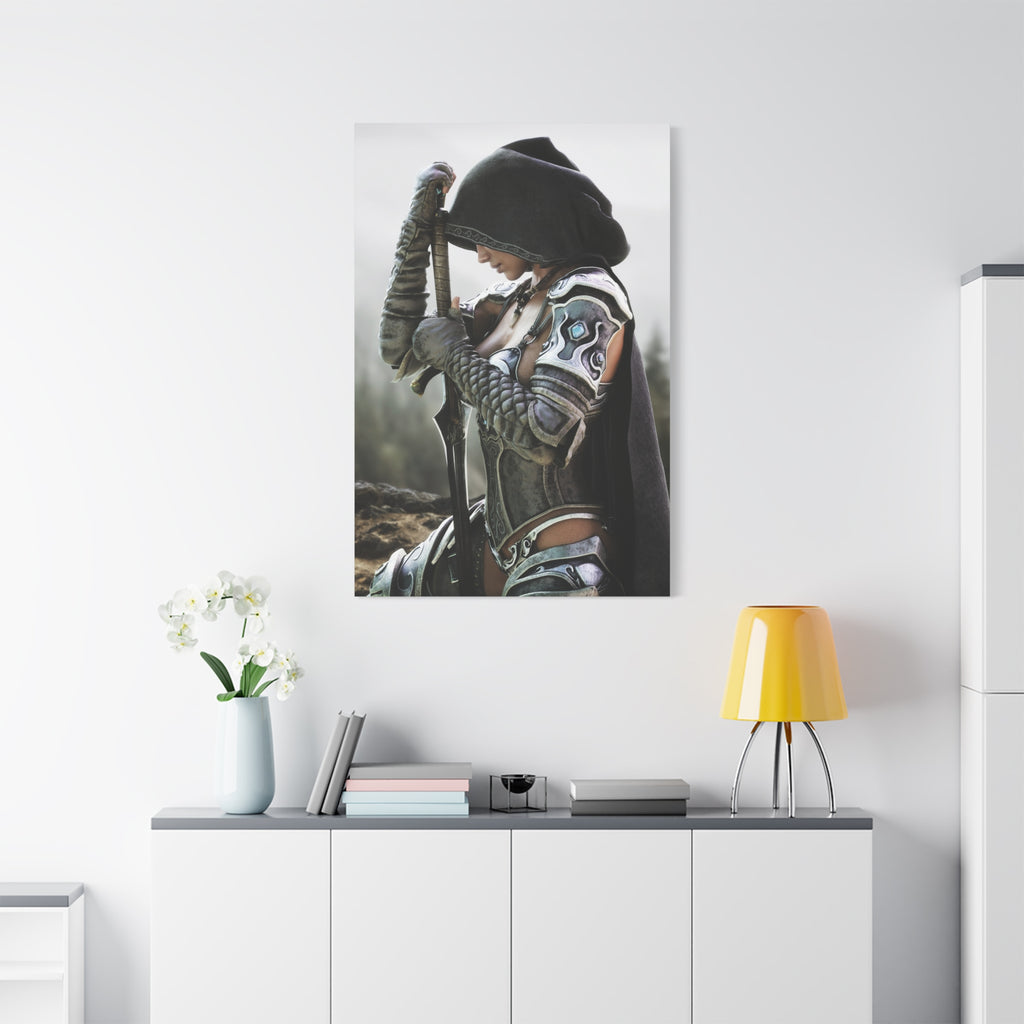 Fantasy Warrior Canvas Print — Hooded Female Knight Matte Stretched Wall Art- No AI- Human created fantasy art