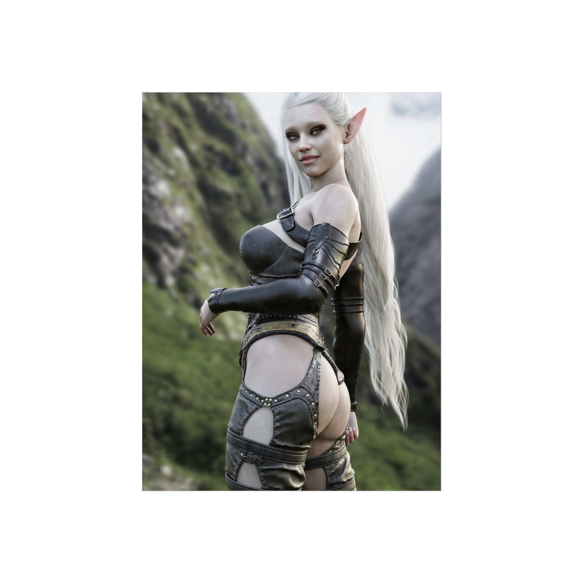 Póster de arte de elfa guerrera de fantasía — Lámina de elfa sexy para pared - No IA - Ilustración creada por humanos