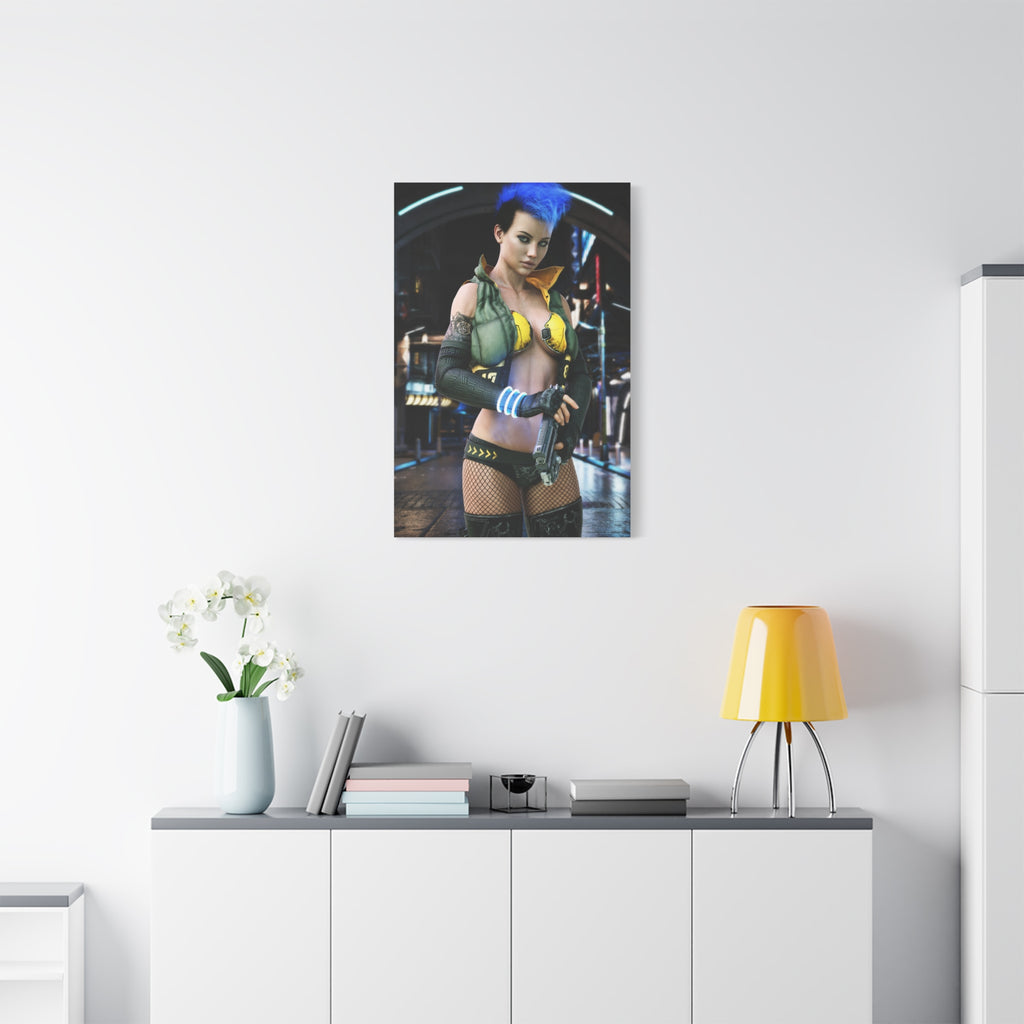 Cyberpunk Femme Fatale Canvas Print — Matte Stretched Wall Art -No AI- Human created illustration art
