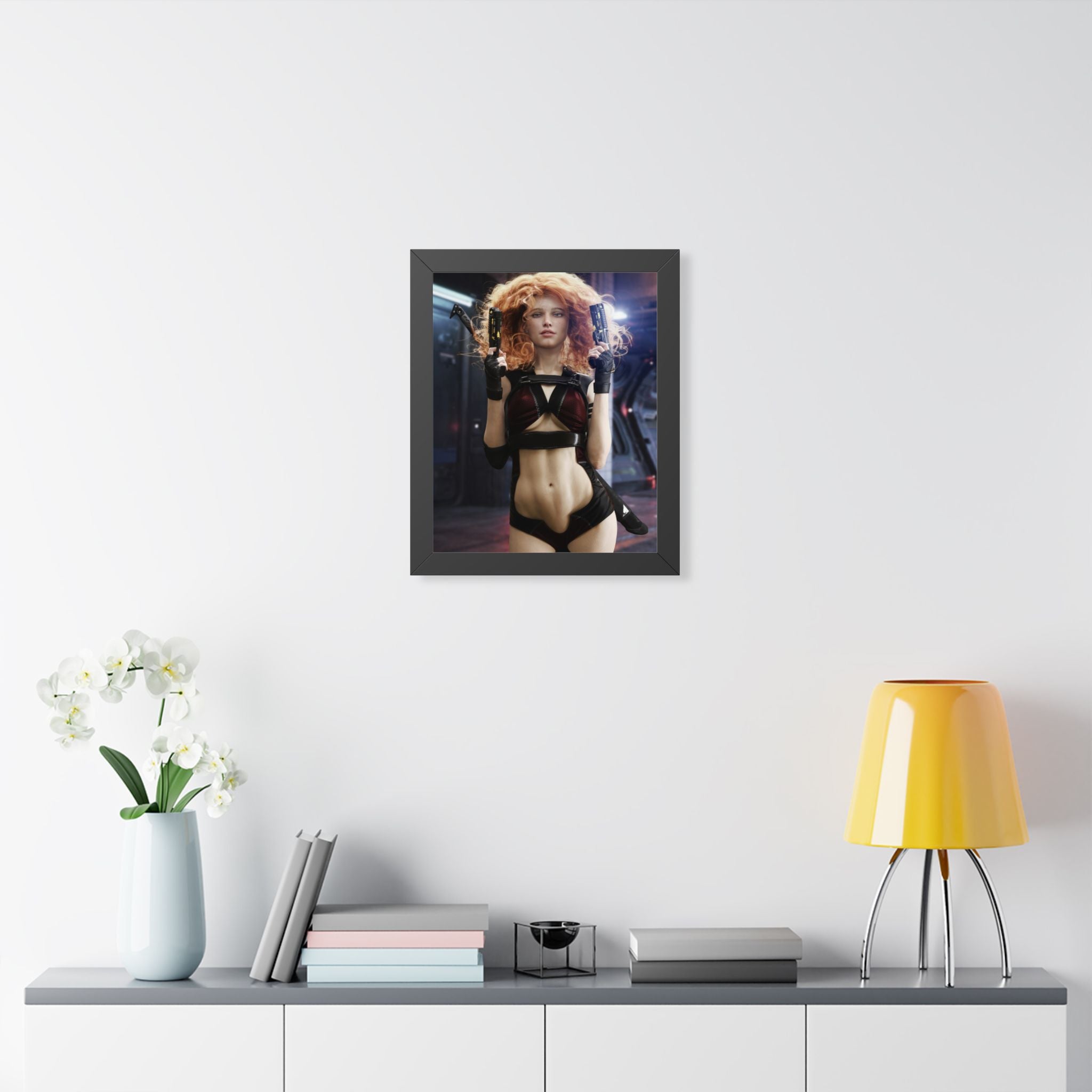 Sci‑Fi Femme Fatale Framed Poster — Cyberpunk Redhead with Dual Blasters- No AI- Human created illustration art