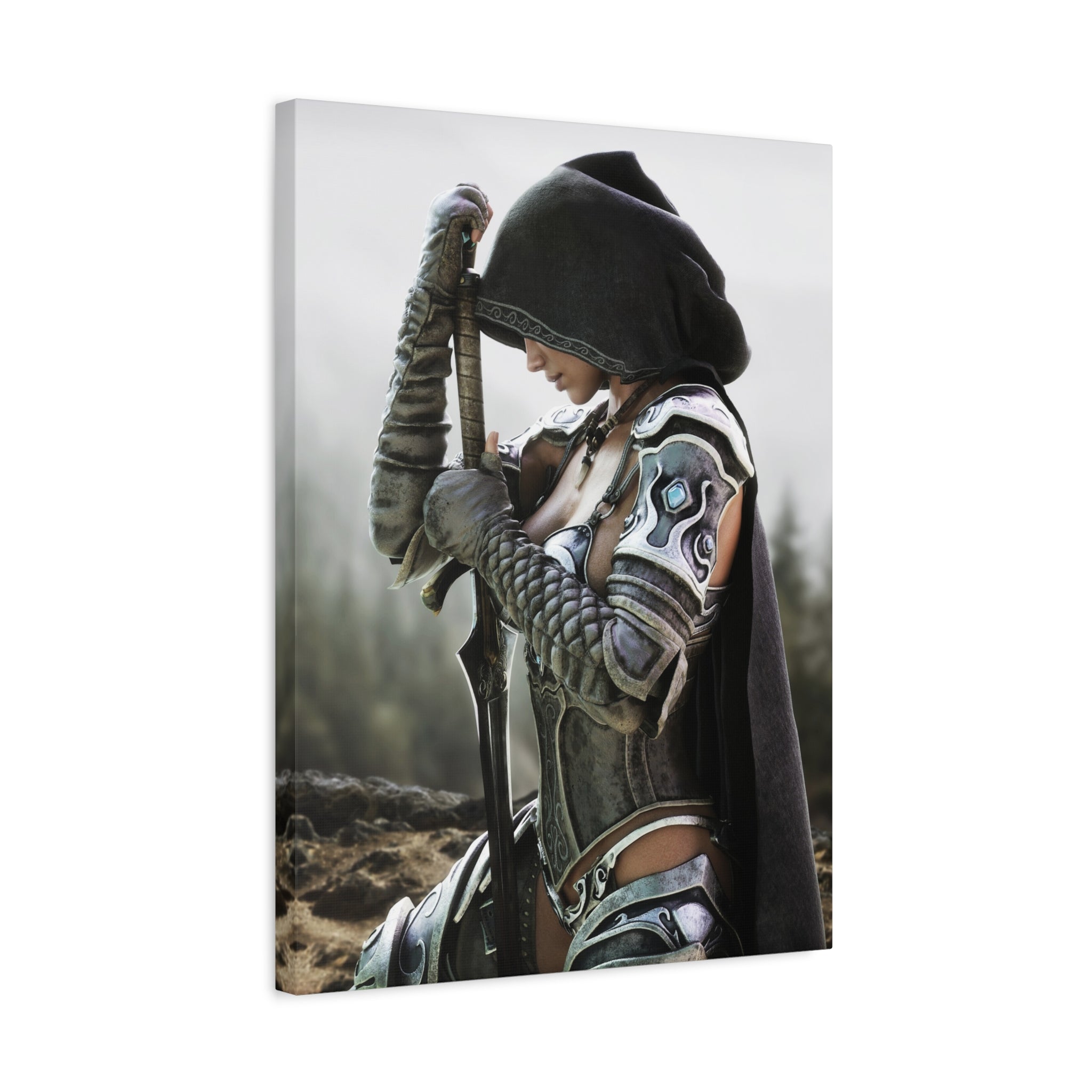 Fantasy Warrior Canvas Print — Hooded Female Knight Matte Stretched Wall Art- No AI- Human created fantasy art