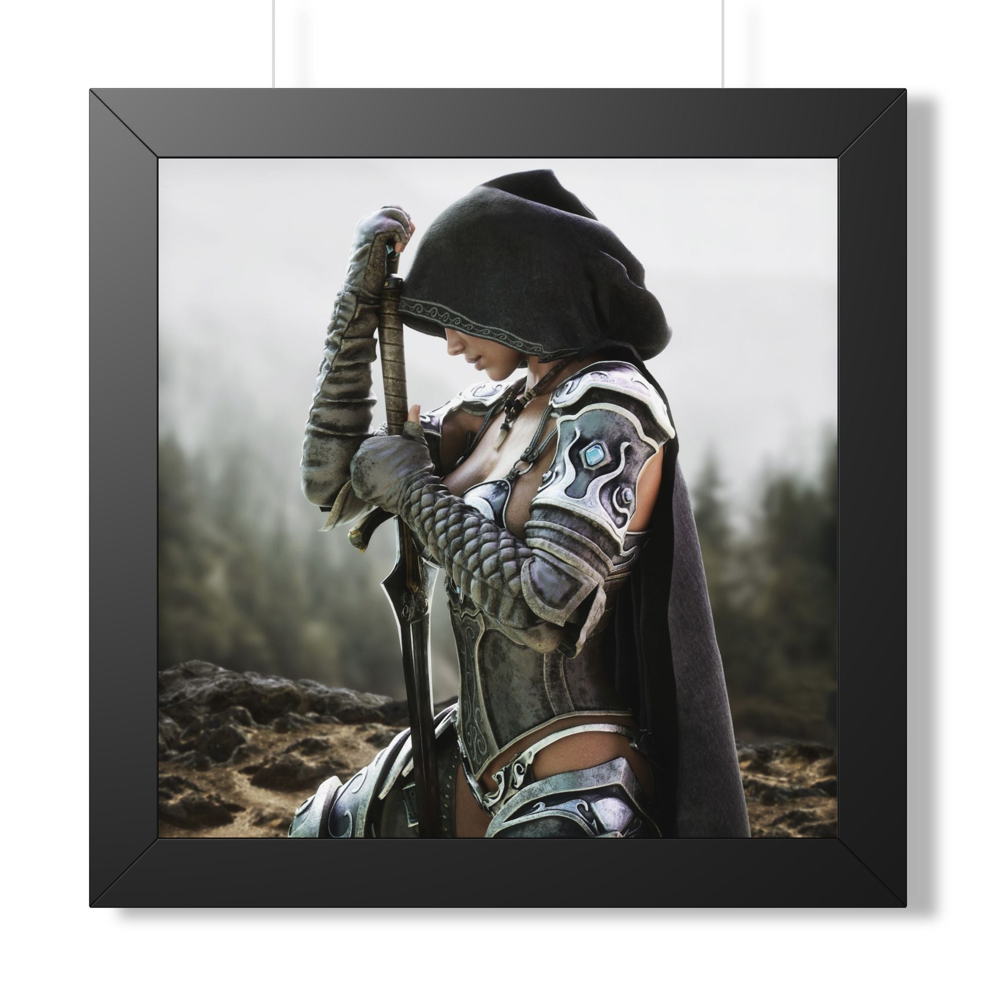 Póster enmarcado — Obra de arte de guerrera de fantasía (vertical) - Sin IA - Ilustración creada por humanos