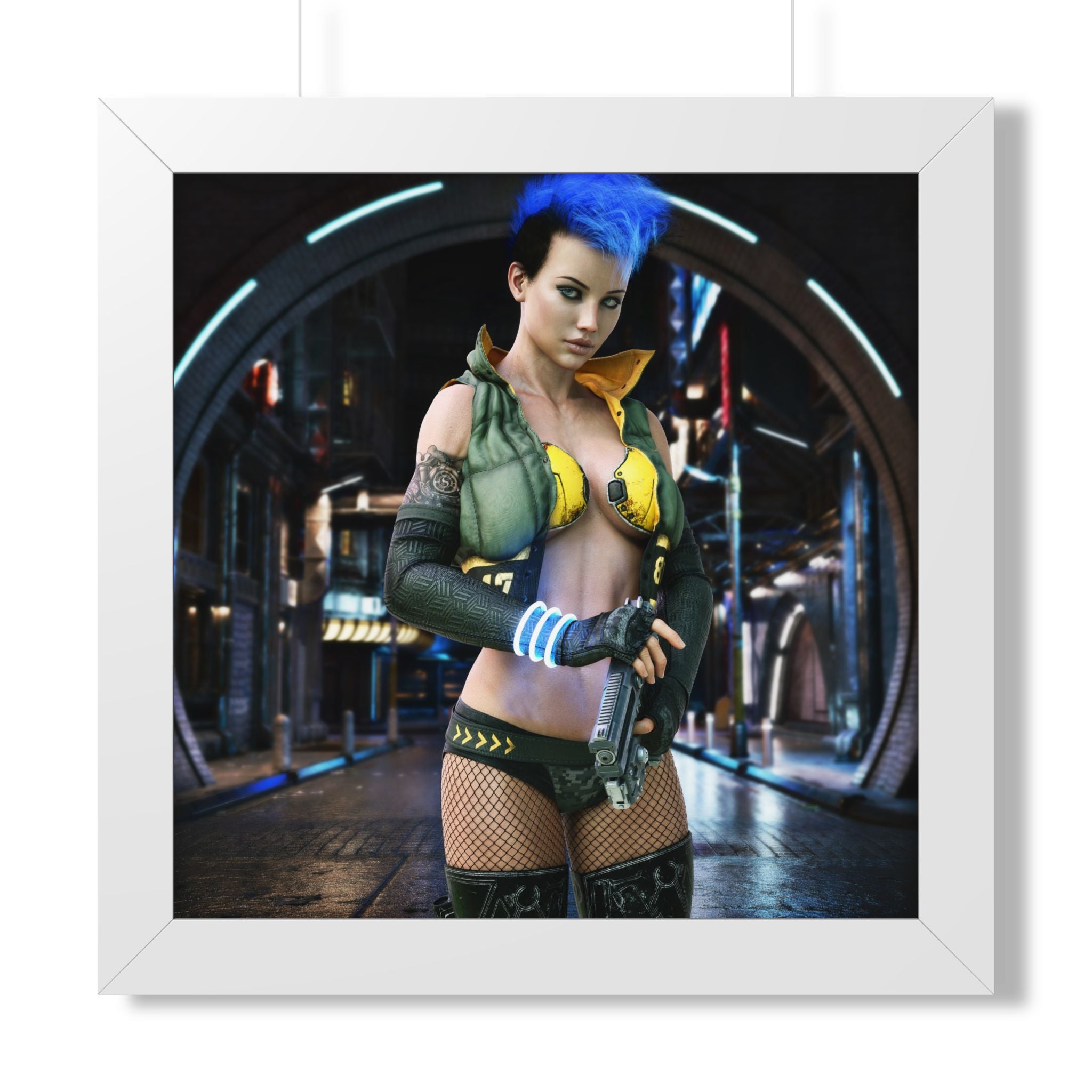 Cyberpunk Bounty Hunter Framed Poster — Futuristic Sci‑Fi Wall Art- No AI- Human created illustration art
