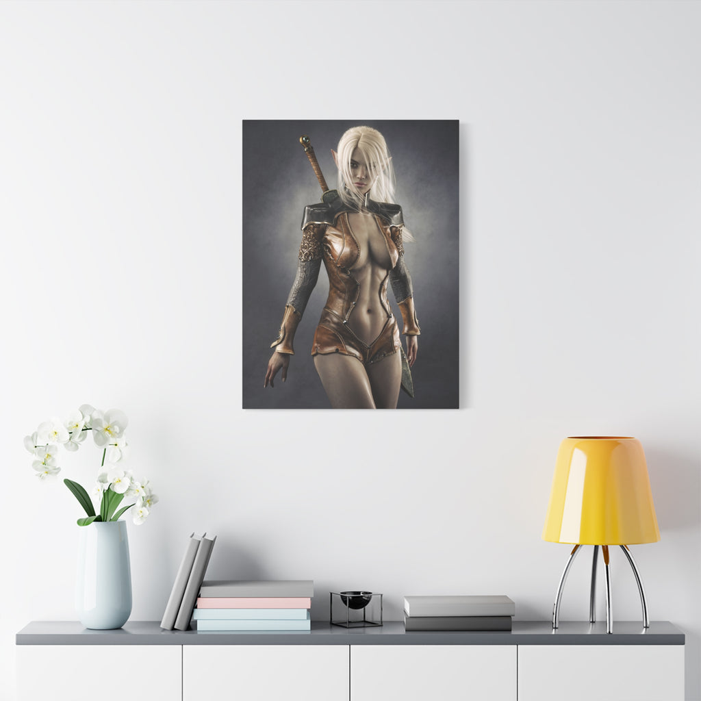 Fantasy Warrior Elf Canvas Print — Sexy Female Swordfighter Matte Stretched Art- No AI- Human created illuration art