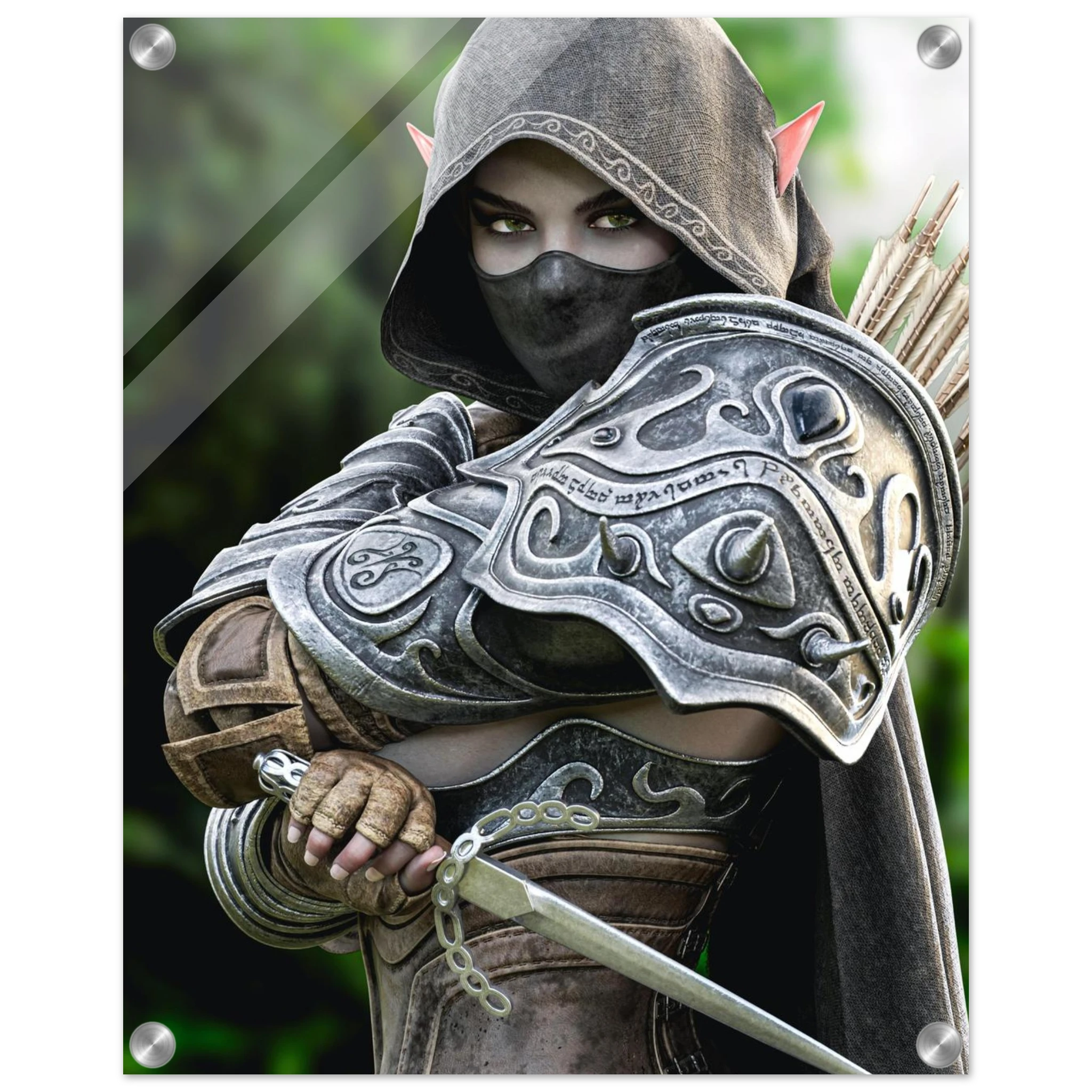 Hooded Dark Elf Rogue Assassin wall art featuring a masked female elven warrior with emerald eyes, engraved silver armor, a razor-sharp dagger, and a quiver of arrows in an enchanted forest. Handcrafted fantasy artwork perfect for gaming rooms, RPG fans, and medieval fantasy décor.
