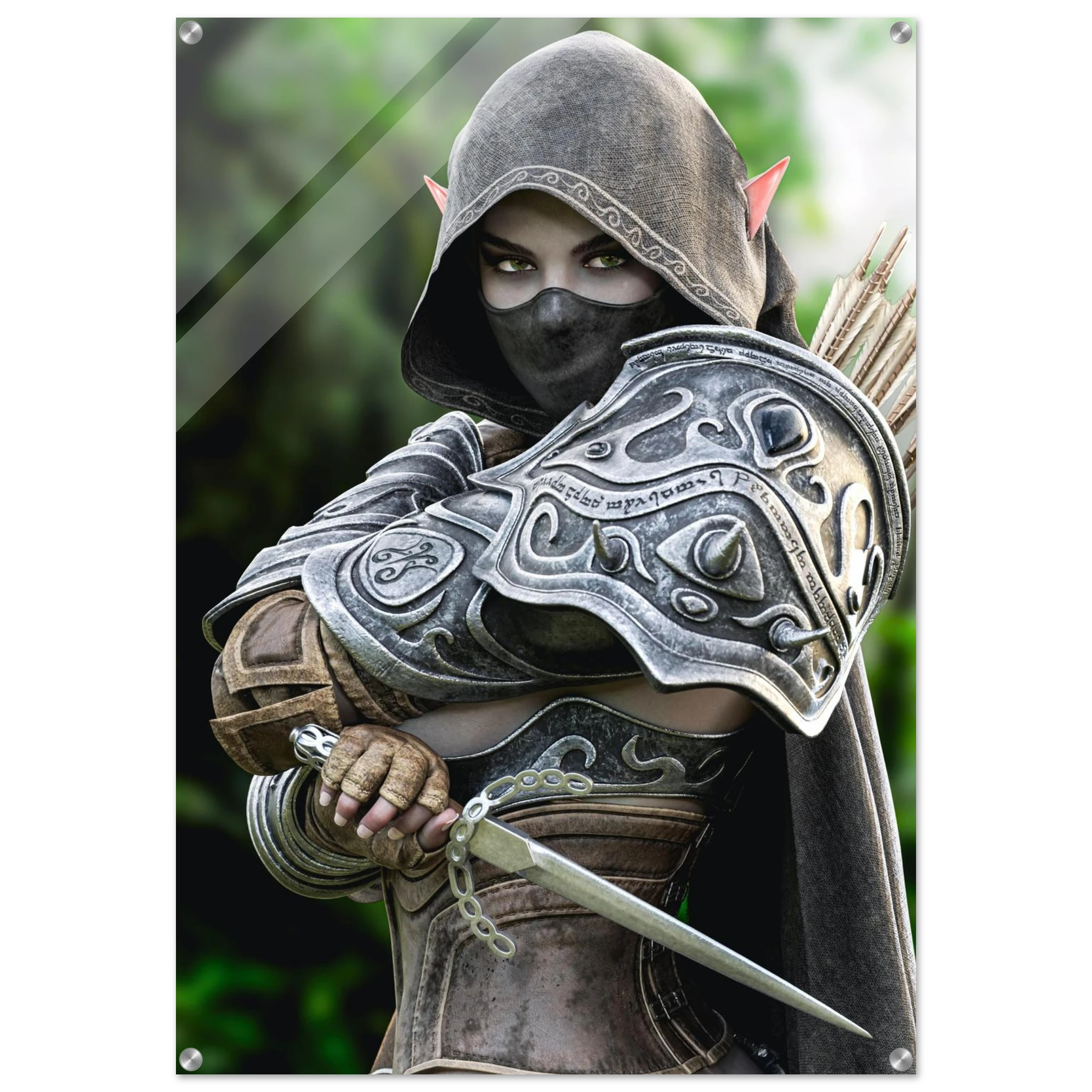 Hooded Dark Elf Rogue Assassin wall art featuring a masked female elven warrior with emerald eyes, engraved silver armor, a razor-sharp dagger, and a quiver of arrows in an enchanted forest. Handcrafted fantasy artwork perfect for gaming rooms, RPG fans, and medieval fantasy décor.