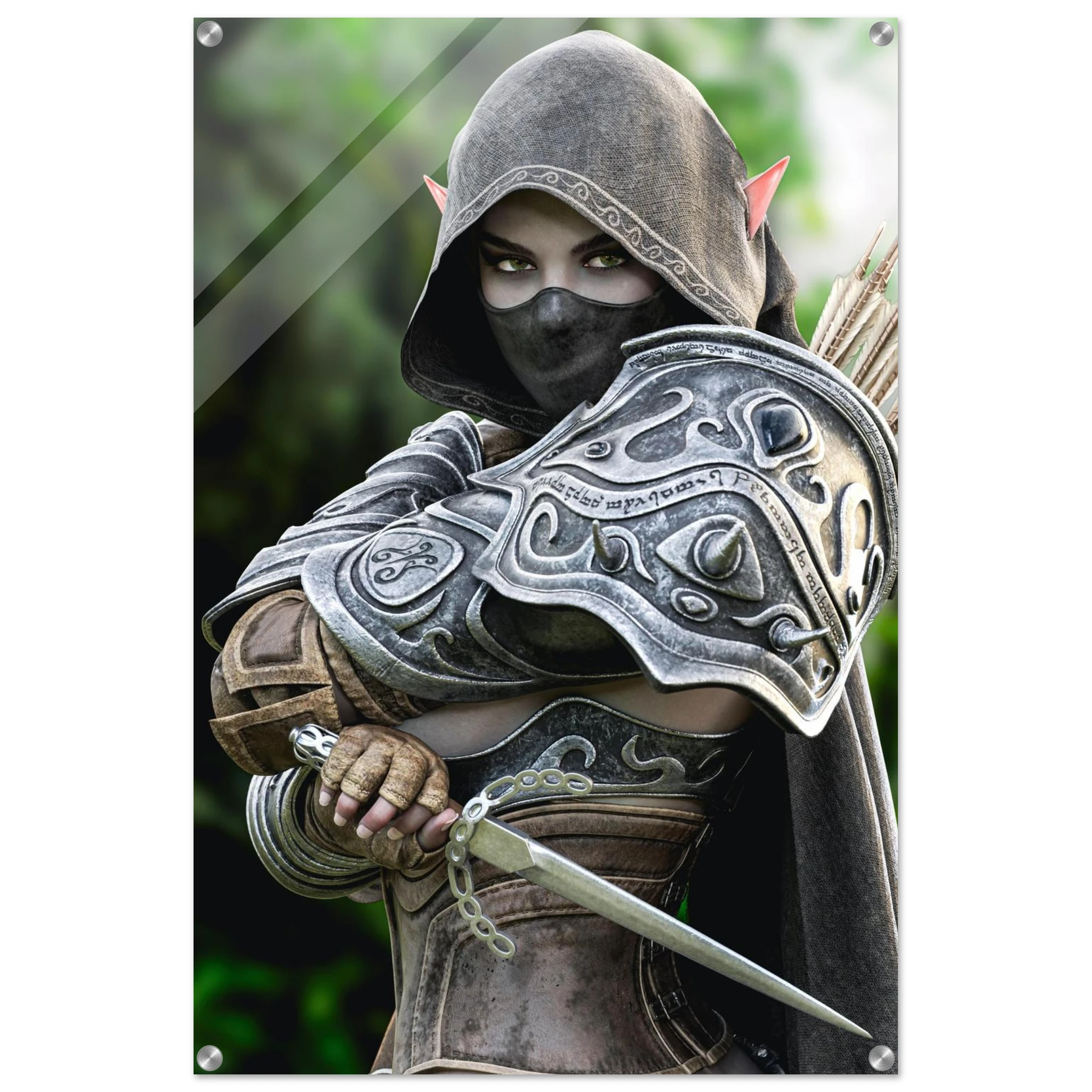 Hooded Dark Elf Rogue Assassin wall art featuring a masked female elven warrior with emerald eyes, engraved silver armor, a razor-sharp dagger, and a quiver of arrows in an enchanted forest. Handcrafted fantasy artwork perfect for gaming rooms, RPG fans, and medieval fantasy décor.