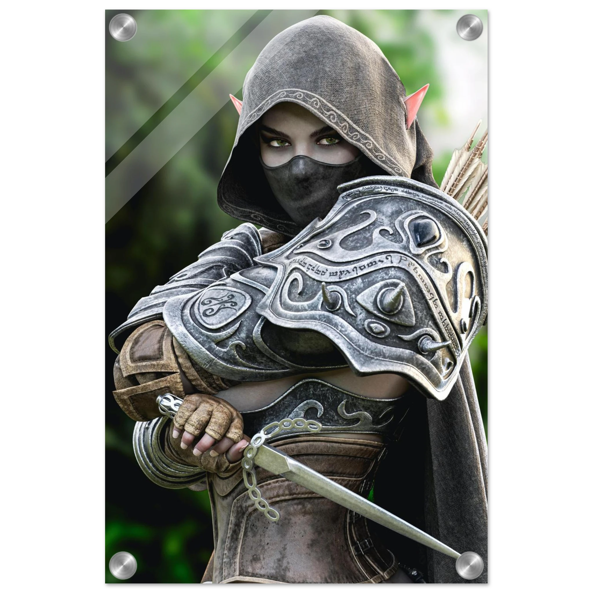 Hooded Dark Elf Rogue Assassin wall art featuring a masked female elven warrior with emerald eyes, engraved silver armor, a razor-sharp dagger, and a quiver of arrows in an enchanted forest. Handcrafted fantasy artwork perfect for gaming rooms, RPG fans, and medieval fantasy décor.