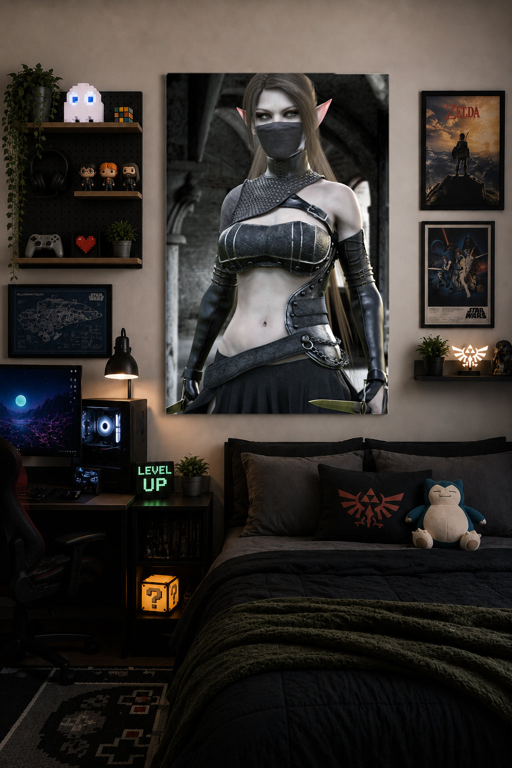 Masked female drow elf assassin in dark armor, wielding twin daggers in ancient ruins. Fantasy wall art featuring a stealthy dark elf.