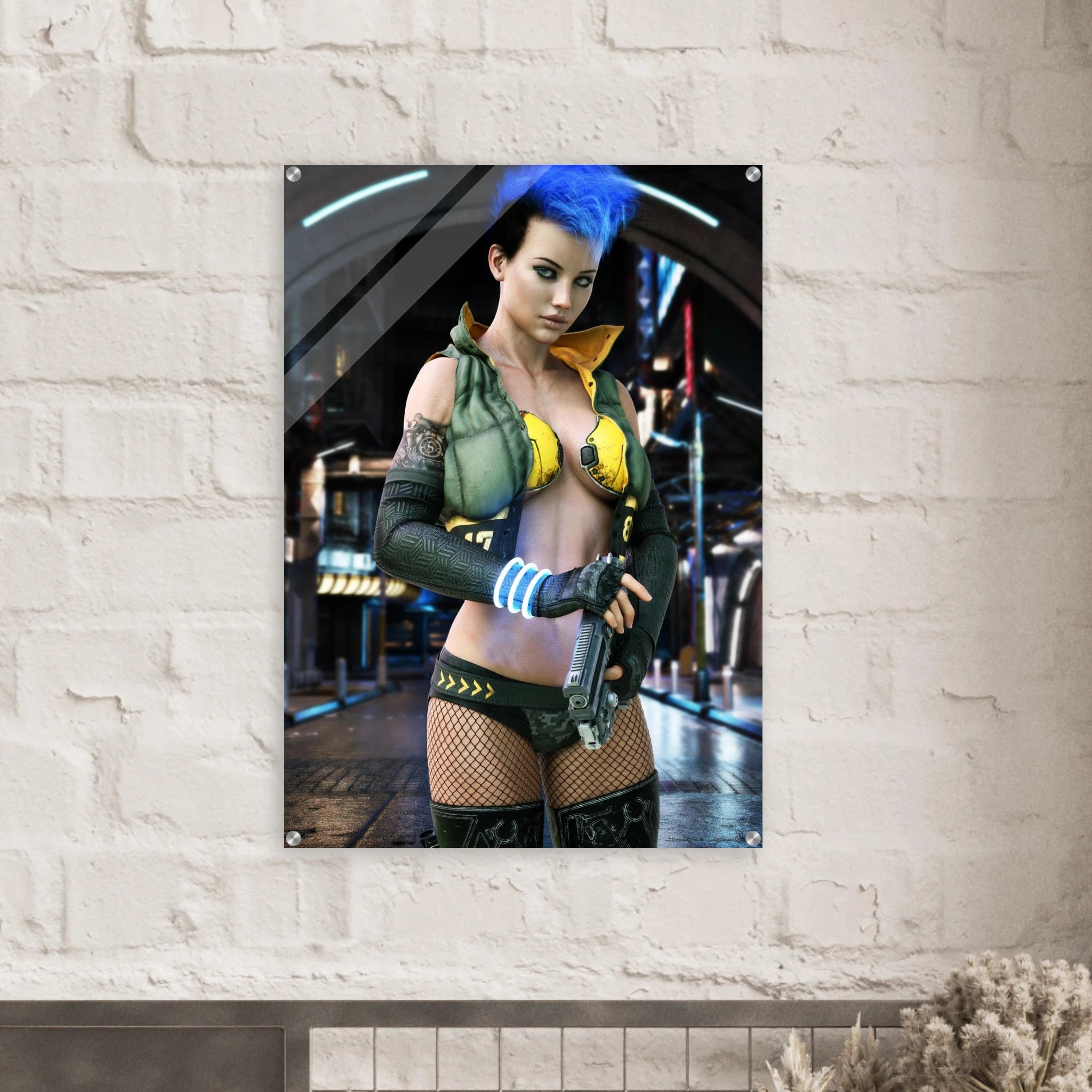 A vertical wall art print featuring a stylized cyberpunk woman with bright blue hair, displayed on a white brick wall above a mantel.