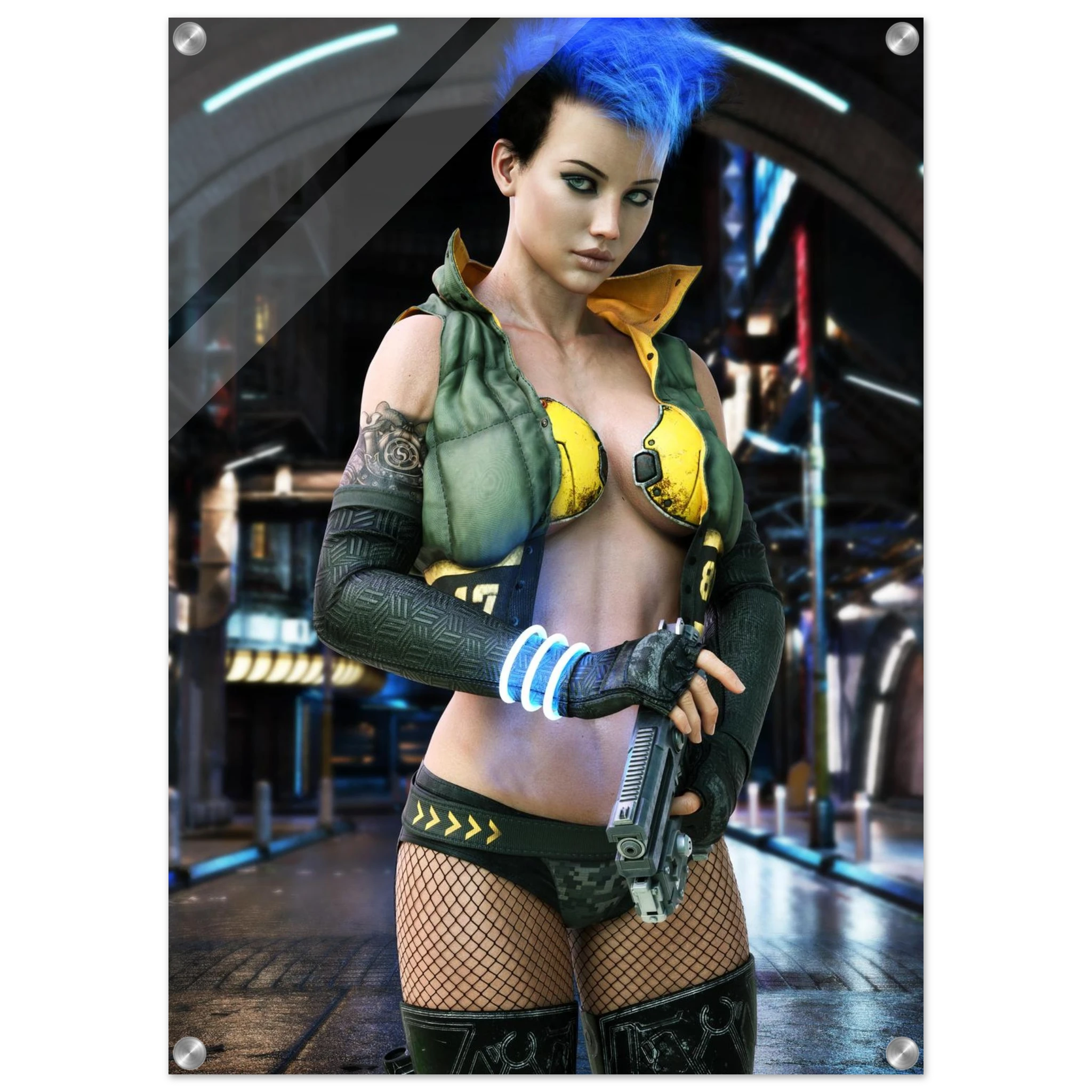 A vertical poster print featuring a stylized digital illustration of a woman with bright blue hair, wearing a green and yellow futuristic outfit, holding a gun in a sci-fi city setting. The print is shown with a white border and four silver grommets in the corners.