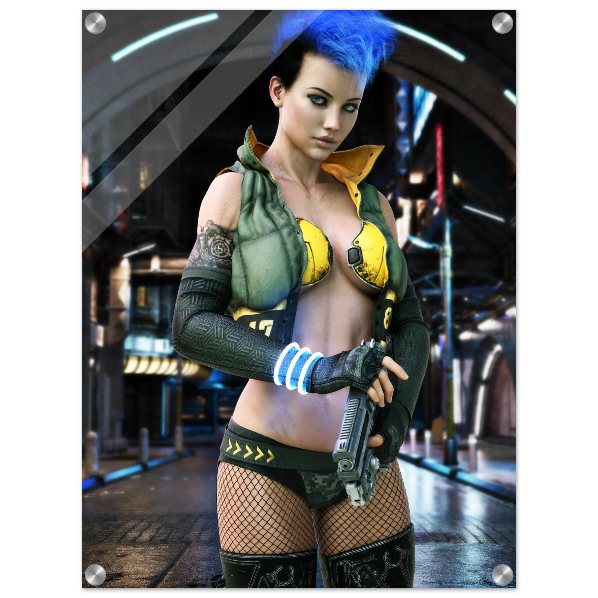 A vertical poster or print featuring a stylized cyberpunk female character with bright blue hair, wearing a green and yellow futuristic outfit, standing in a sci-fi city corridor. The print has visible mounting holes and corner brackets, indicating it is a physical wall art product.