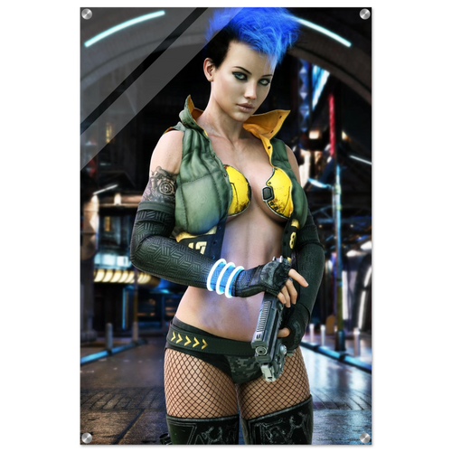 A vertical poster or print featuring a stylized futuristic female character with bright blue hair, a green vest, yellow bra elements, fishnet stockings, and a gun, shown against a sci-fi city background. The print is displayed with a white border and visible metal corner brackets.
