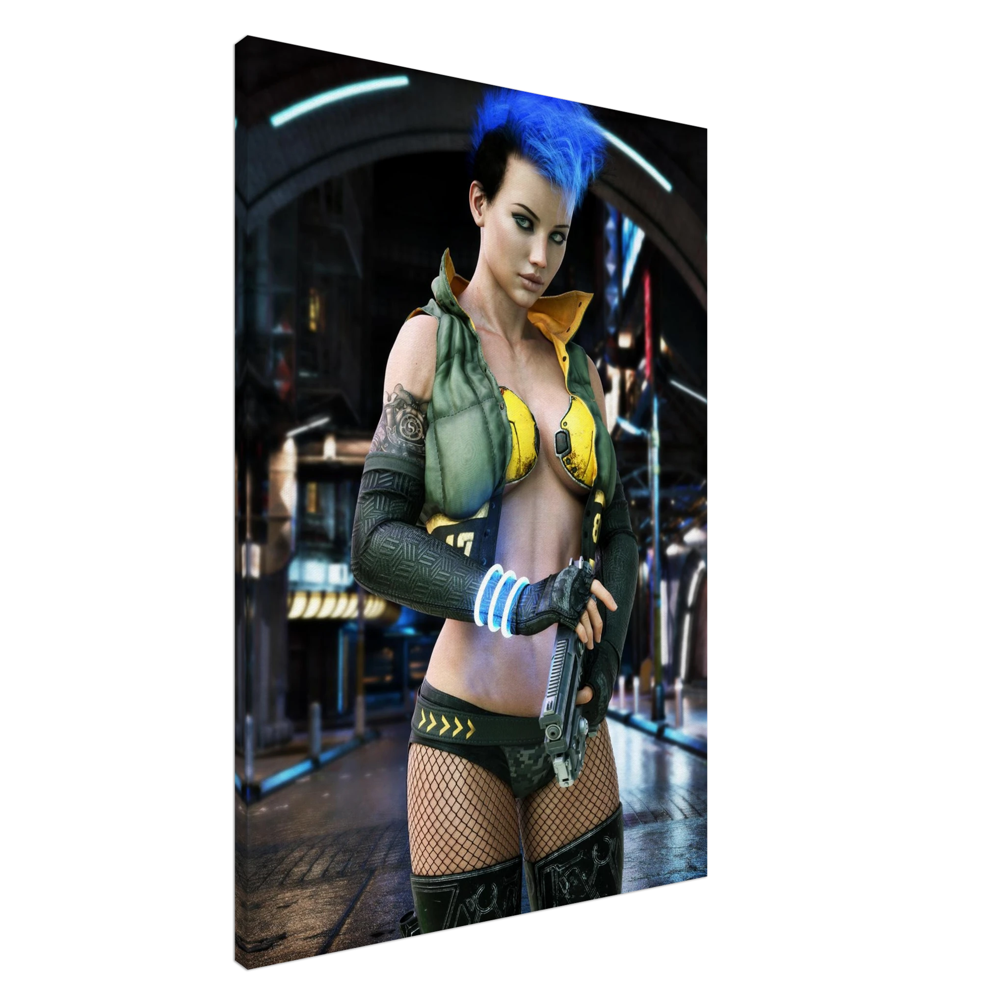 A vertical canvas wall art print featuring a stylized cyberpunk female character with bright blue hair, wearing a yellow and olive green outfit, holding a gun in a futuristic city setting. The canvas is shown at an angle against a plain white background.