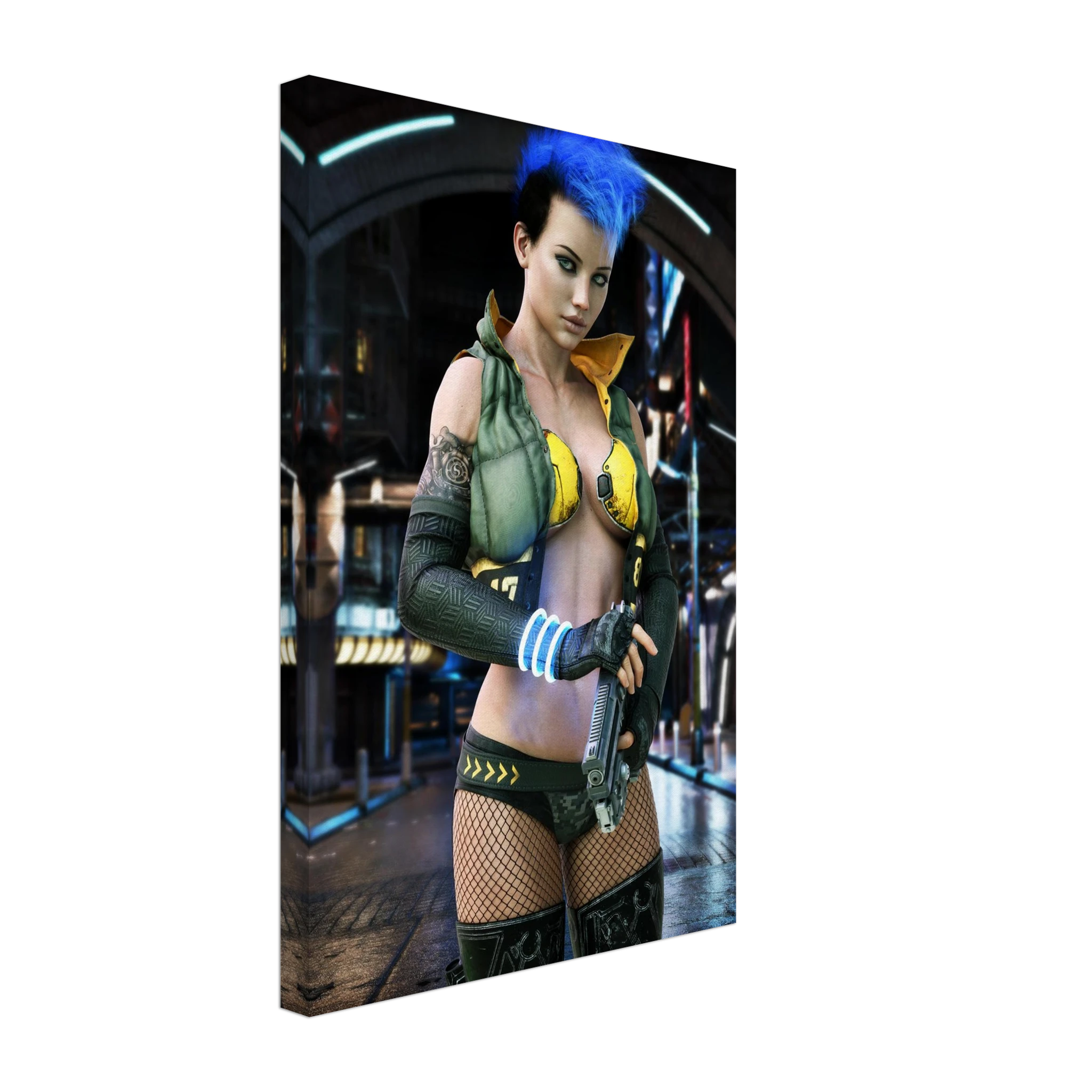 A vertical canvas wall art print showing a stylized futuristic woman with bright blue hair, a green and yellow outfit, fishnet stockings, and a gun, photographed against a plain white background.