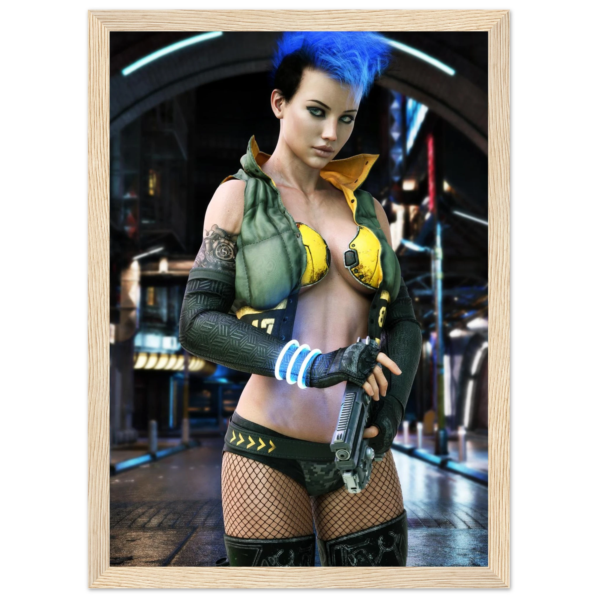 A framed art print featuring a digital illustration of a woman with vibrant blue hair, wearing a yellow and green futuristic bodysuit, holding a sci-fi blaster in a cyberpunk city setting. The print is housed in a light natural wood frame.