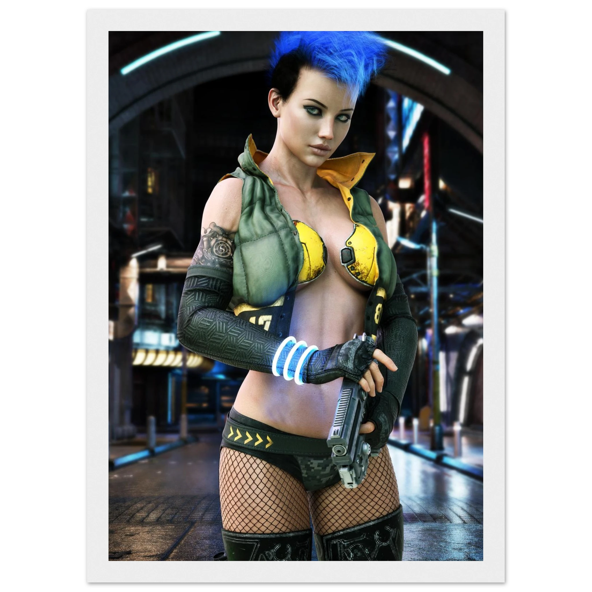 A framed art print featuring a digital illustration of a cyberpunk woman with bright blue hair, wearing a green and yellow tactical vest, fishnet stockings, and holding a futuristic gun, set against a dark sci-fi city background.