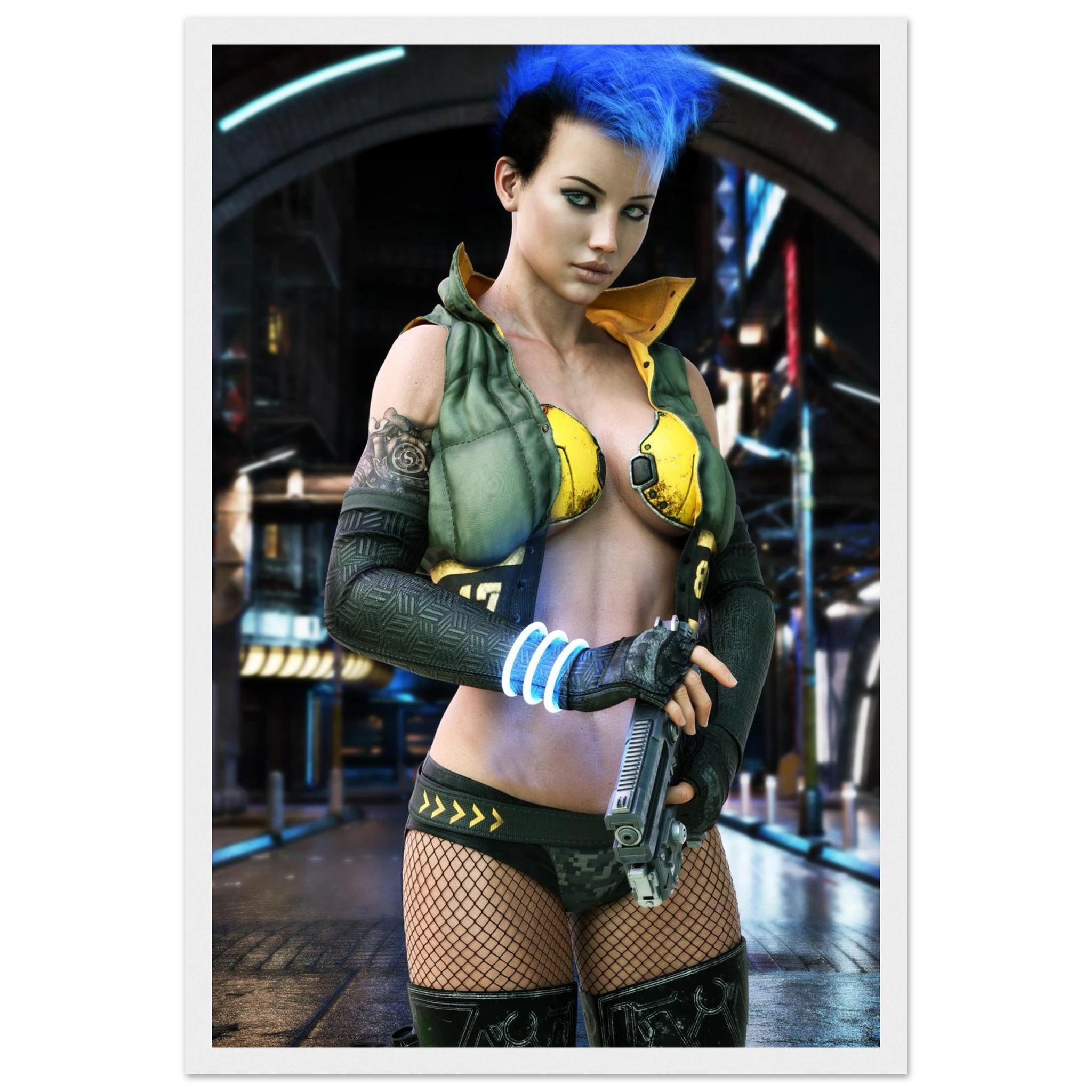 A vertical art print featuring a digital illustration of a cyberpunk female character with bright blue hair, wearing a green and yellow tactical vest, fishnet stockings, and holding a futuristic gun, set against a sci-fi city background. The print is framed with a white border.