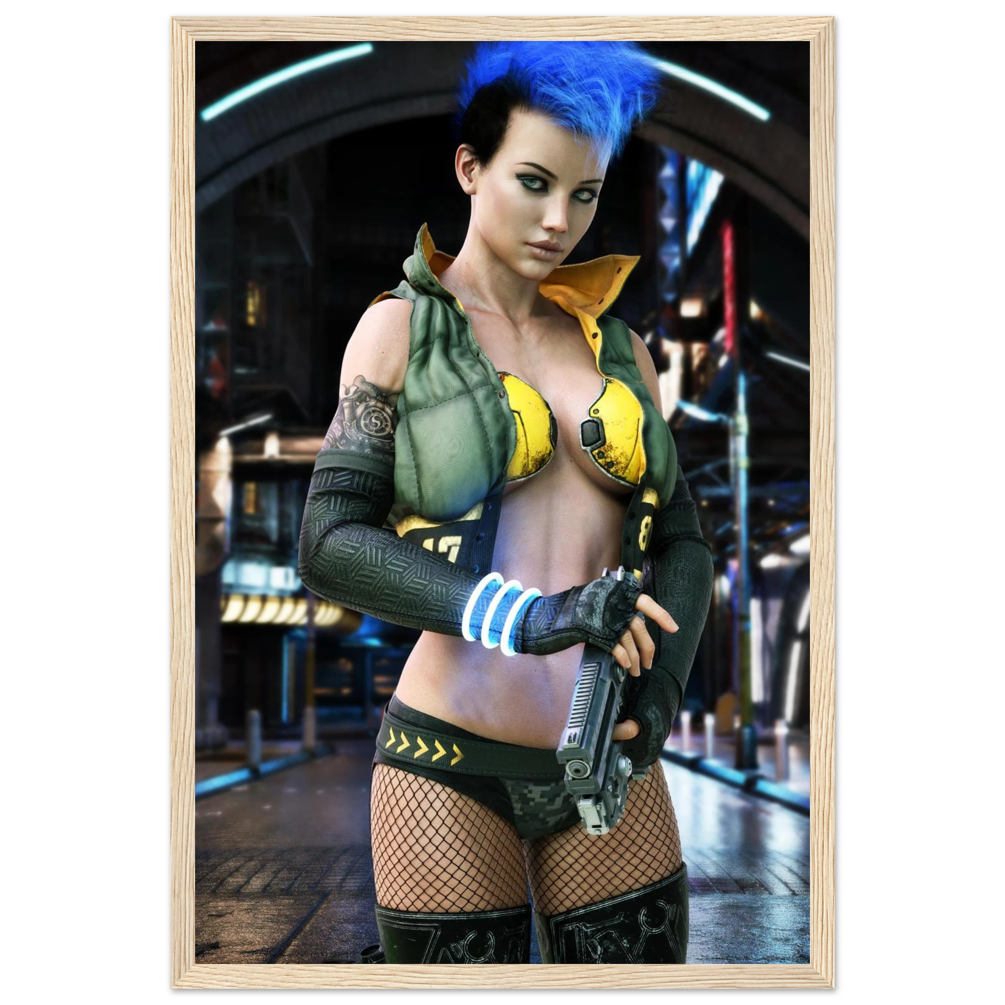 A framed art print featuring a digital illustration of a cyberpunk woman with bright blue hair, wearing a yellow and green tactical outfit and holding a gun, set against a futuristic city background.