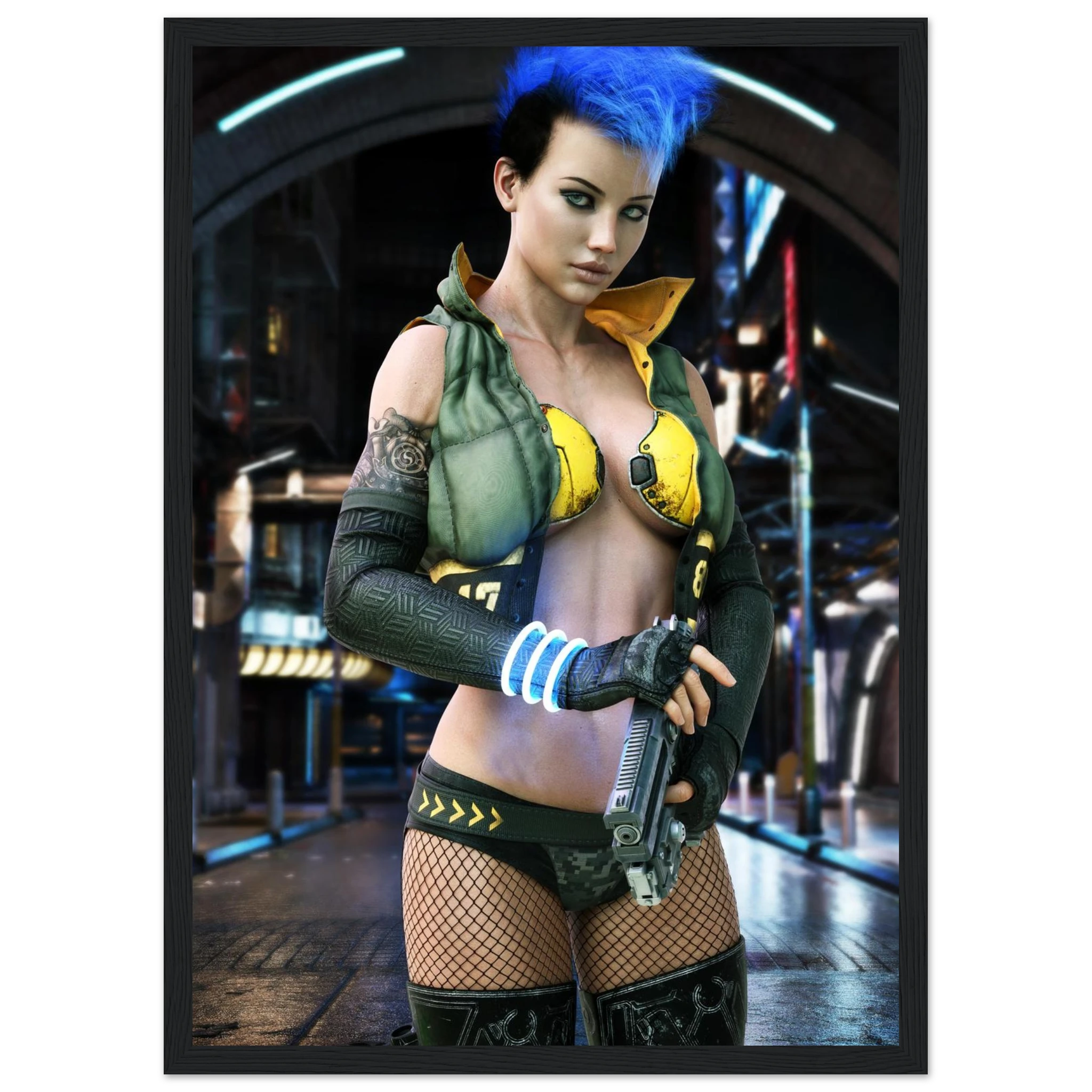 A framed art print featuring a digital illustration of a cyberpunk woman with bright blue hair, wearing a green and yellow futuristic vest, fishnet stockings, and holding a gun, set against a dark sci-fi city background.