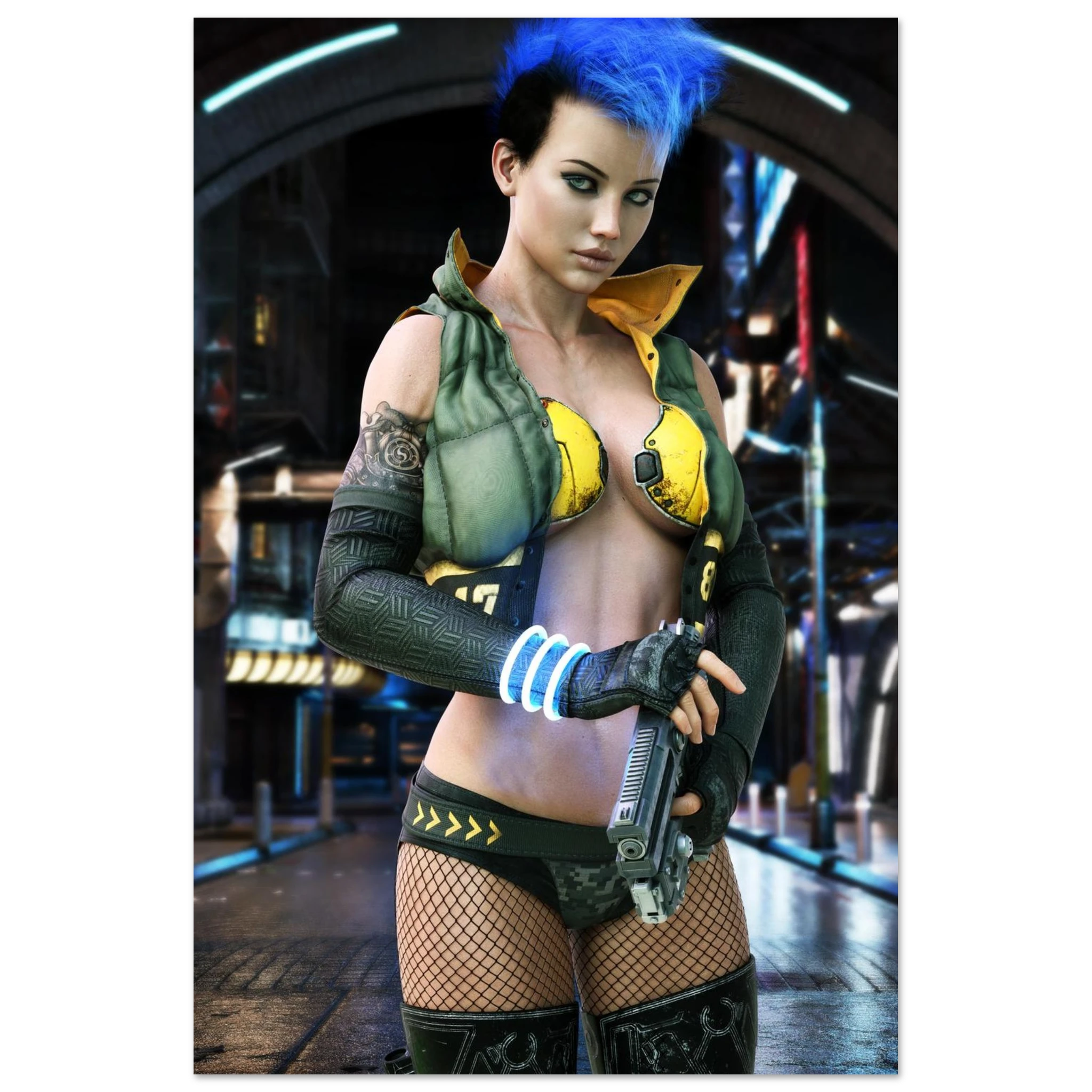 A poster or print featuring a stylized cyberpunk female character with bright blue hair, wearing a green and yellow futuristic outfit and holding a gun, set against a sci-fi city scene.
