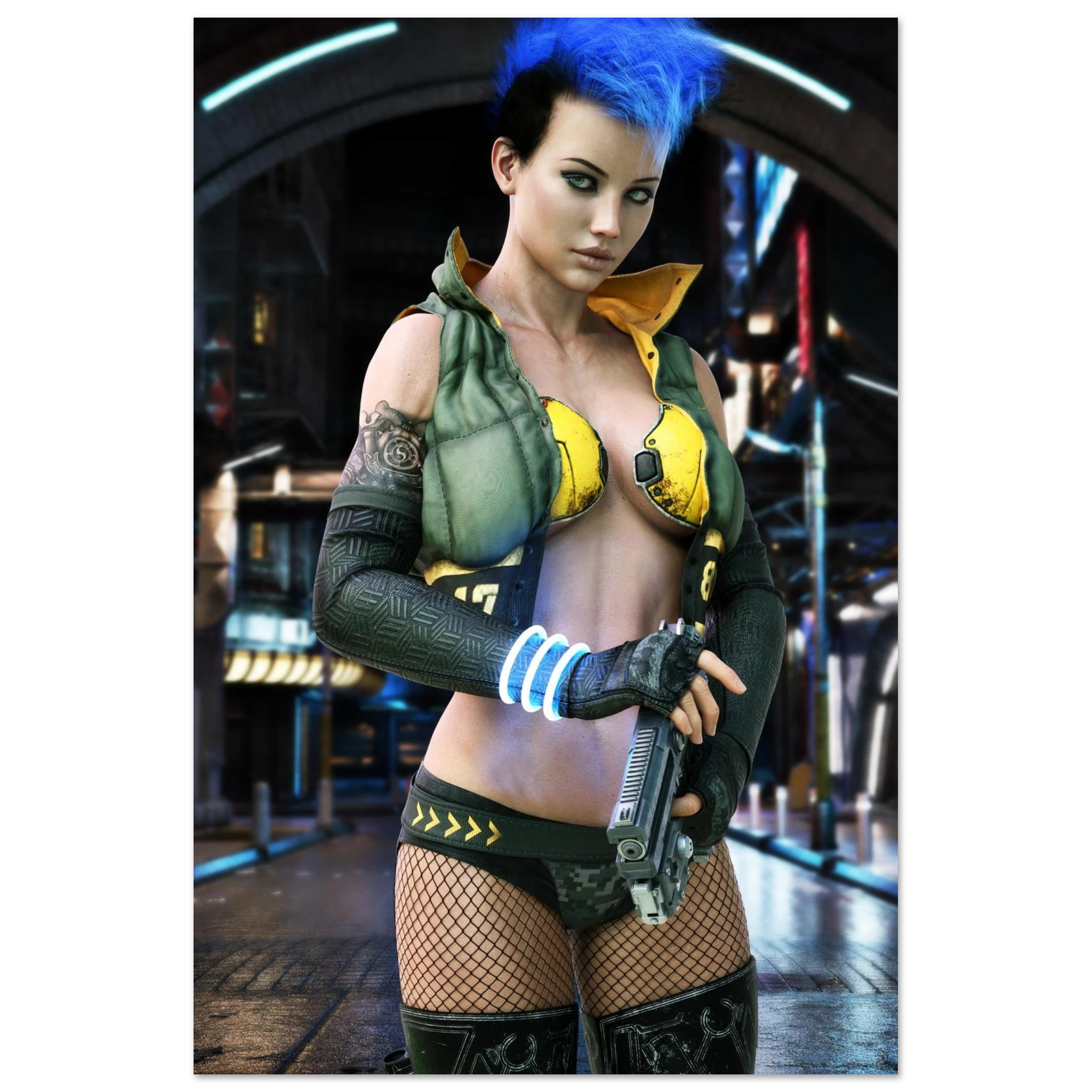 A poster or print featuring a stylized cyberpunk female character with bright blue hair, wearing a green and yellow futuristic outfit and holding a gun, set against a sci-fi city scene.