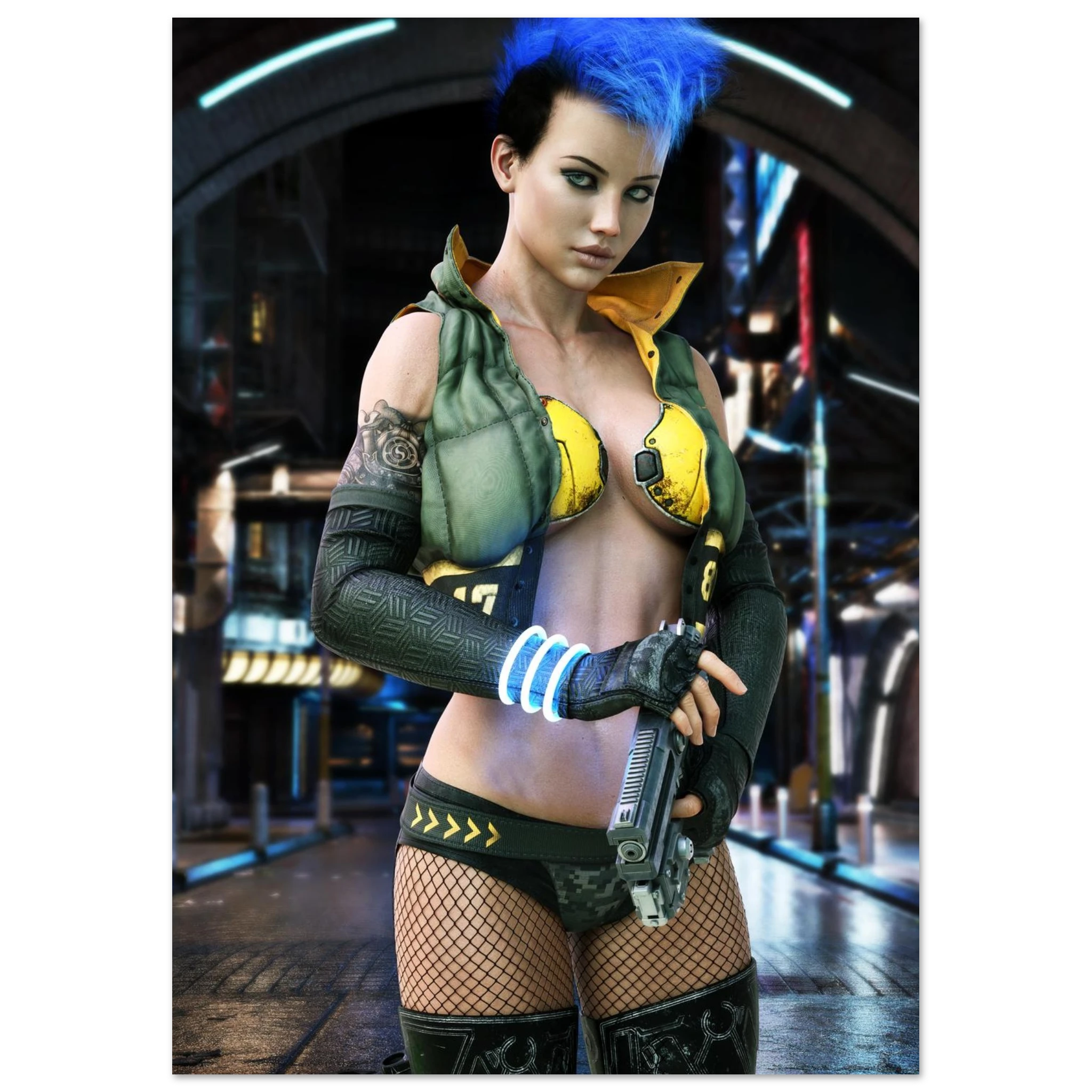 A vertical art print or poster featuring a stylized cyberpunk female character with bright blue hair, wearing a green and yellow bodysuit, fishnet stockings, and holding a futuristic gun in a neon-lit sci-fi city setting.