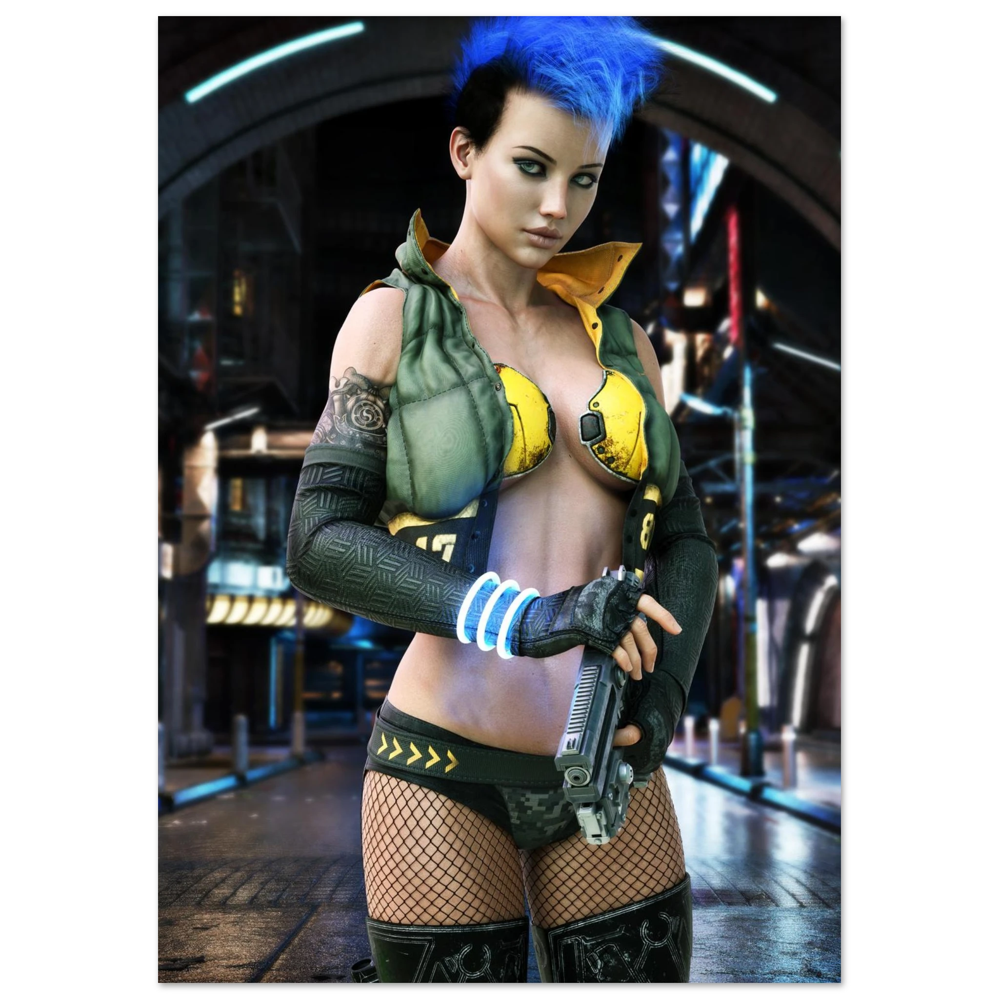 A woman with bright blue hair stands in a futuristic city setting wearing a revealing tactical-style outfit with a yellow bra top, green vest, black gloves and fishnet stockings, holding a gun. The image appears to be digital artwork or a poster-style print rather than a standard product photo.