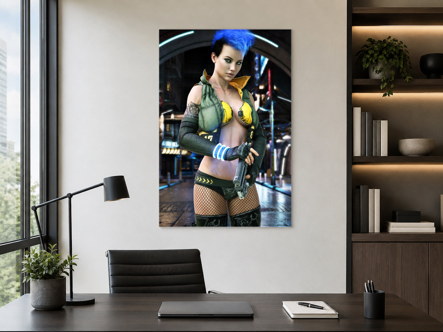Futuristic-themed artwork on a wall above a desk with office furniture.