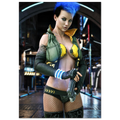 A woman with bright blue hair stands in a futuristic city setting wearing a revealing black and yellow costume with green padded shoulder pieces, fishnet stockings, and black gloves while holding a gun.