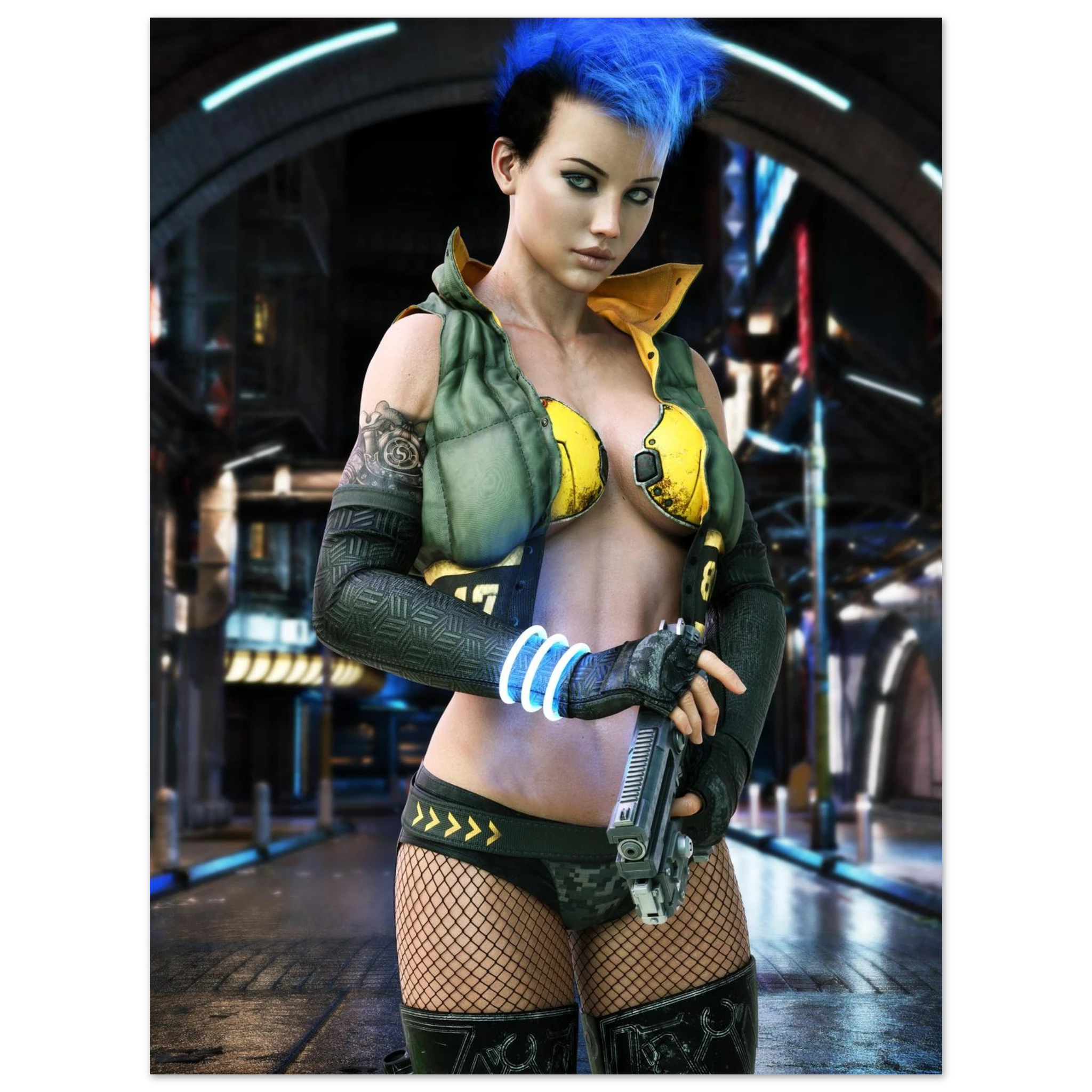 A woman with bright blue hair stands in a futuristic city corridor wearing a revealing cyberpunk-style costume with a green vest, yellow bra top, black gloves and fishnet stockings, holding a gun. The image appears to be a digital artwork or poster-style print rather than a standard product photo.