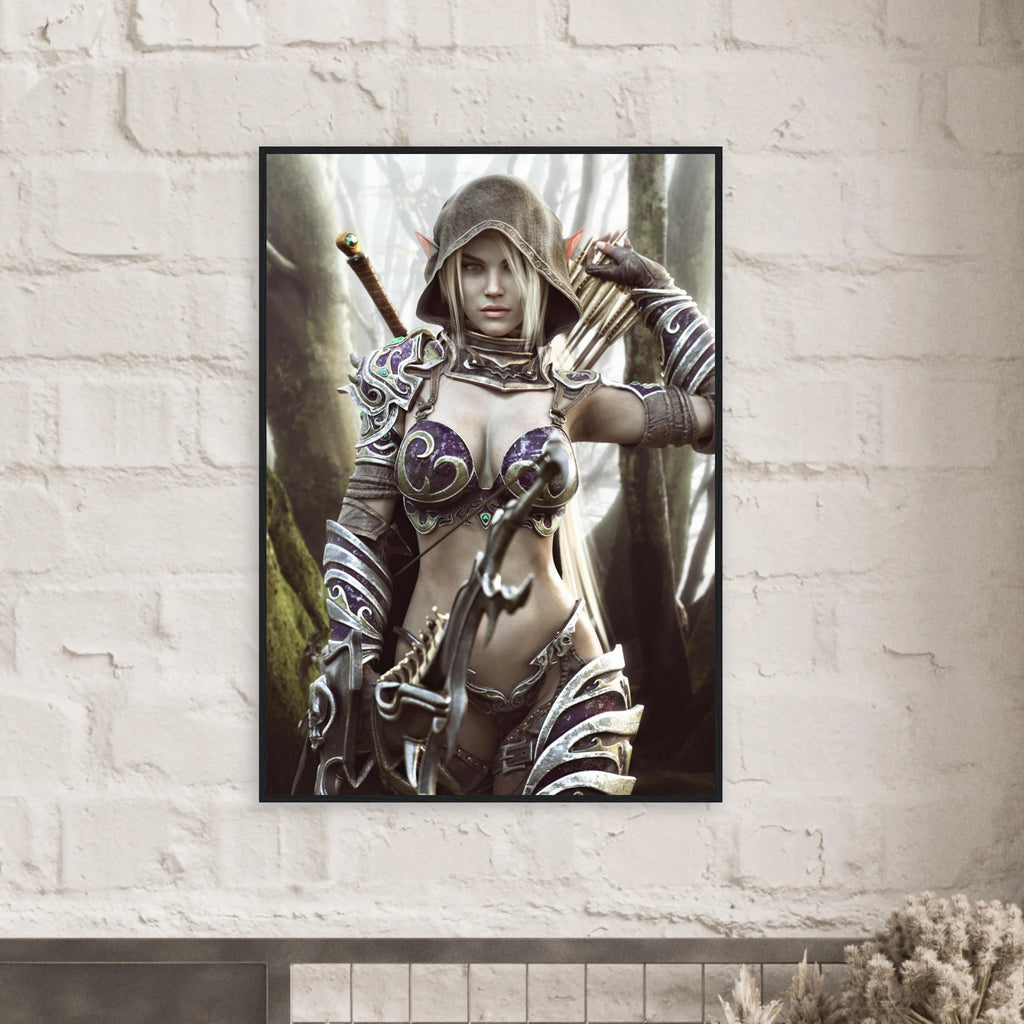 Dark elf archer fantasy wall art featuring a hooded female elven ranger in ornate purple and silver armor holding a bow and arrows in a misty enchanted forest, with a sword across her back. Detailed fantasy character artwork for fans of dark elves, archers, rangers, medieval fantasy, role-playing games and D&D-inspired decor.