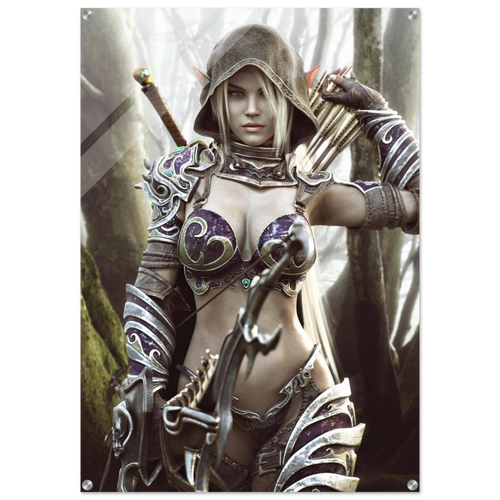 Dark elf archer fantasy wall art featuring a hooded female elven ranger in ornate purple and silver armor holding a bow and arrows in a misty enchanted forest, with a sword across her back. Detailed fantasy character artwork for fans of dark elves, archers, rangers, medieval fantasy, role-playing games and D&D-inspired decor.