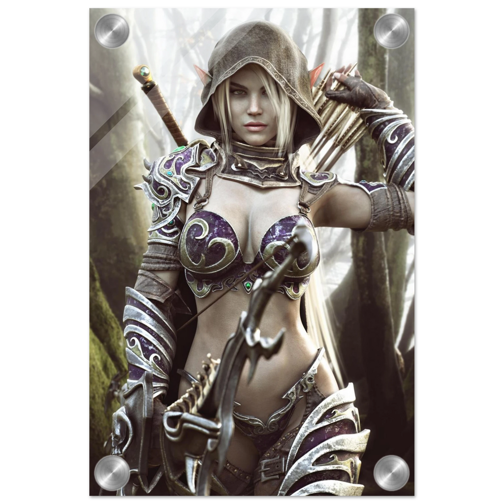 Dark elf archer fantasy wall art featuring a hooded female elven ranger in ornate purple and silver armor holding a bow and arrows in a misty enchanted forest, with a sword across her back. Detailed fantasy character artwork for fans of dark elves, archers, rangers, medieval fantasy, role-playing games and D&D-inspired decor.