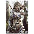 Dark elf archer fantasy wall art featuring a hooded female elven ranger in ornate purple and silver armor holding a bow and arrows in a misty enchanted forest, with a sword across her back. Detailed fantasy character artwork for fans of dark elves, archers, rangers, medieval fantasy, role-playing games and D&D-inspired decor.