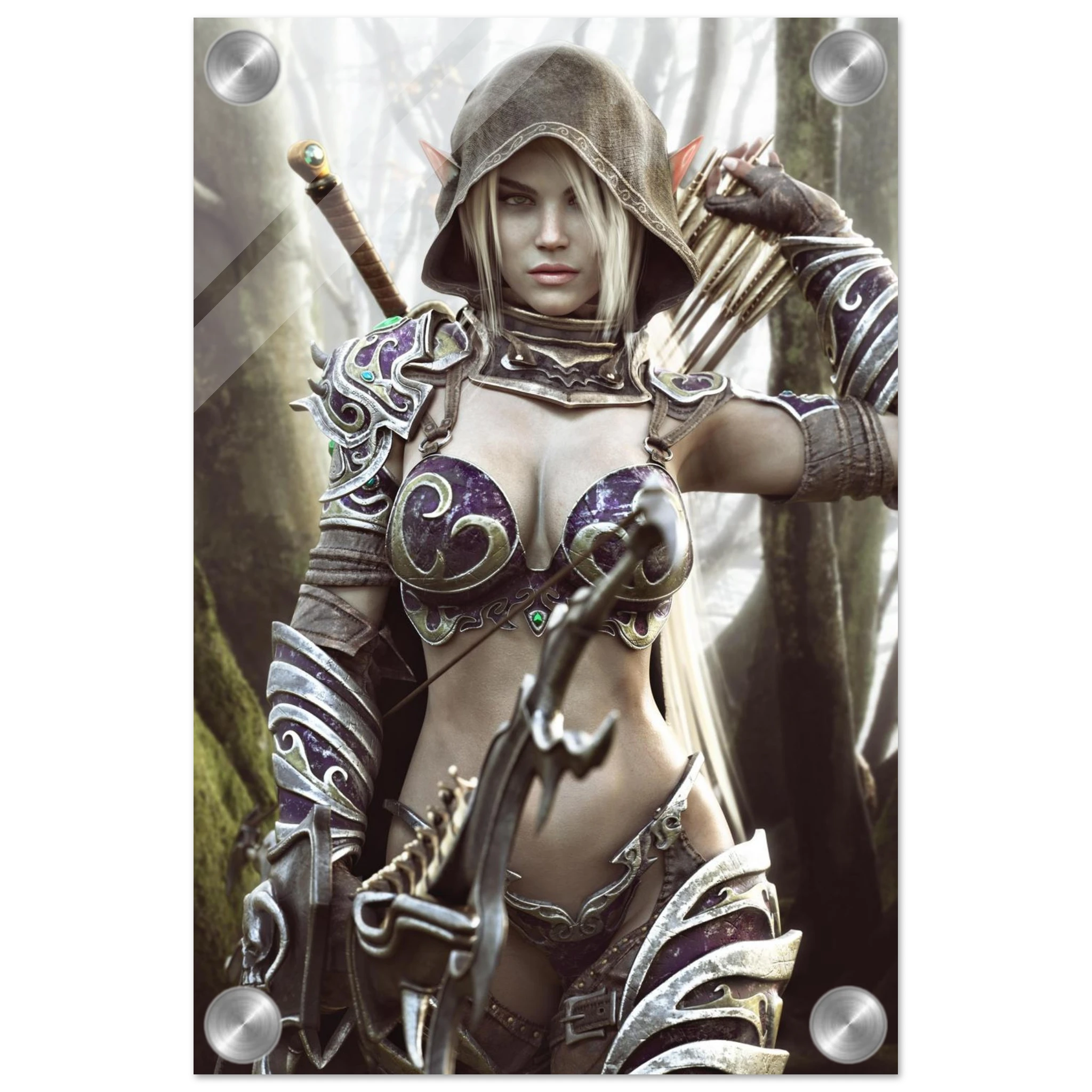 Dark elf archer fantasy wall art featuring a hooded female elven ranger in ornate purple and silver armor holding a bow and arrows in a misty enchanted forest, with a sword across her back. Detailed fantasy character artwork for fans of dark elves, archers, rangers, medieval fantasy, role-playing games and D&D-inspired decor.