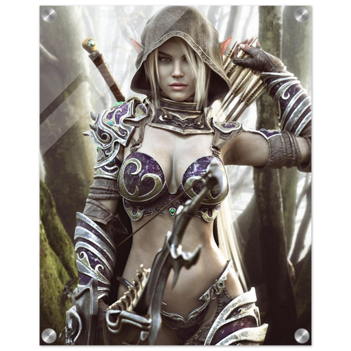 Dark elf archer fantasy wall art featuring a hooded female elven ranger in ornate purple and silver armor holding a bow and arrows in a misty enchanted forest, with a sword across her back. Detailed fantasy character artwork for fans of dark elves, archers, rangers, medieval fantasy, role-playing games and D&D-inspired decor.