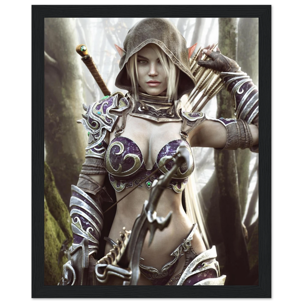 A framed fantasy art print depicting a female elf archer in ornate purple and silver armor, holding a bow and standing in a misty forest. The print is presented within a black frame against a white background.