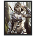 A framed fantasy art print depicting a female elf archer in ornate purple and silver armor, holding a bow and standing in a misty forest. The print is presented within a black frame against a white background.