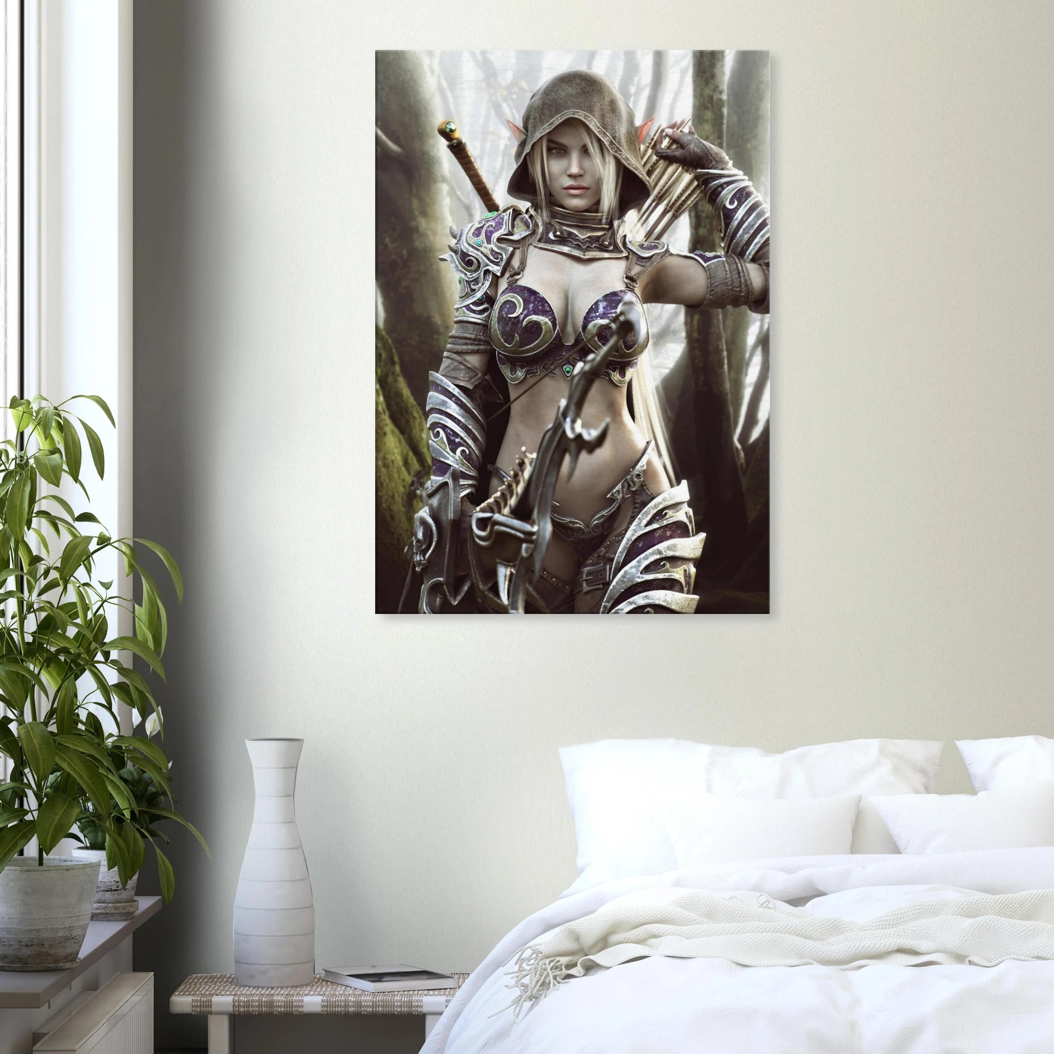 Handcrafted dark fantasy artwork of a hooded female dark elf archer standing in a misty enchanted forest. The elven ranger has pale hair, pointed ears, and piercing eyes and wears intricately detailed purple-and-silver fantasy armor decorated with ornate swirling metalwork and jewel-like accents. A large fantasy bow fills the foreground while a quiver of arrows rests over her shoulder and a sword is carried across her back, portraying her as a heavily equipped woodland ranger prepared for battle. Towering m