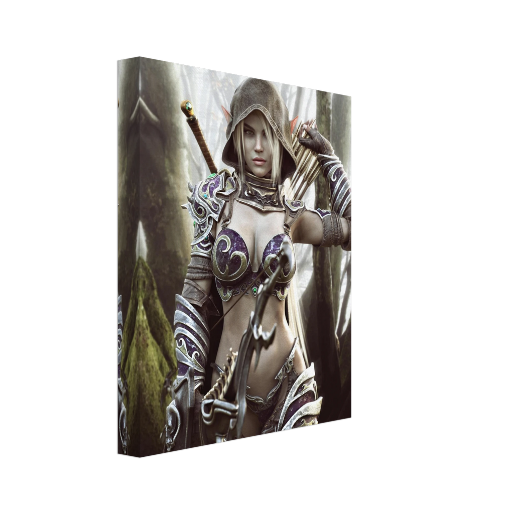 Handcrafted dark fantasy artwork of a hooded female dark elf archer standing in a misty enchanted forest. The elven ranger has pale hair, pointed ears, and piercing eyes and wears intricately detailed purple-and-silver fantasy armor decorated with ornate swirling metalwork and jewel-like accents. A large fantasy bow fills the foreground while a quiver of arrows rests over her shoulder and a sword is carried across her back, portraying her as a heavily equipped woodland ranger prepared for battle. Towering m