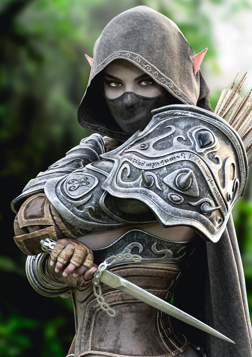 Dark elf assassin wall art featuring a hooded masked female elf rogue with dagger, arrows and ornate silver armor in a fantasy forest.
