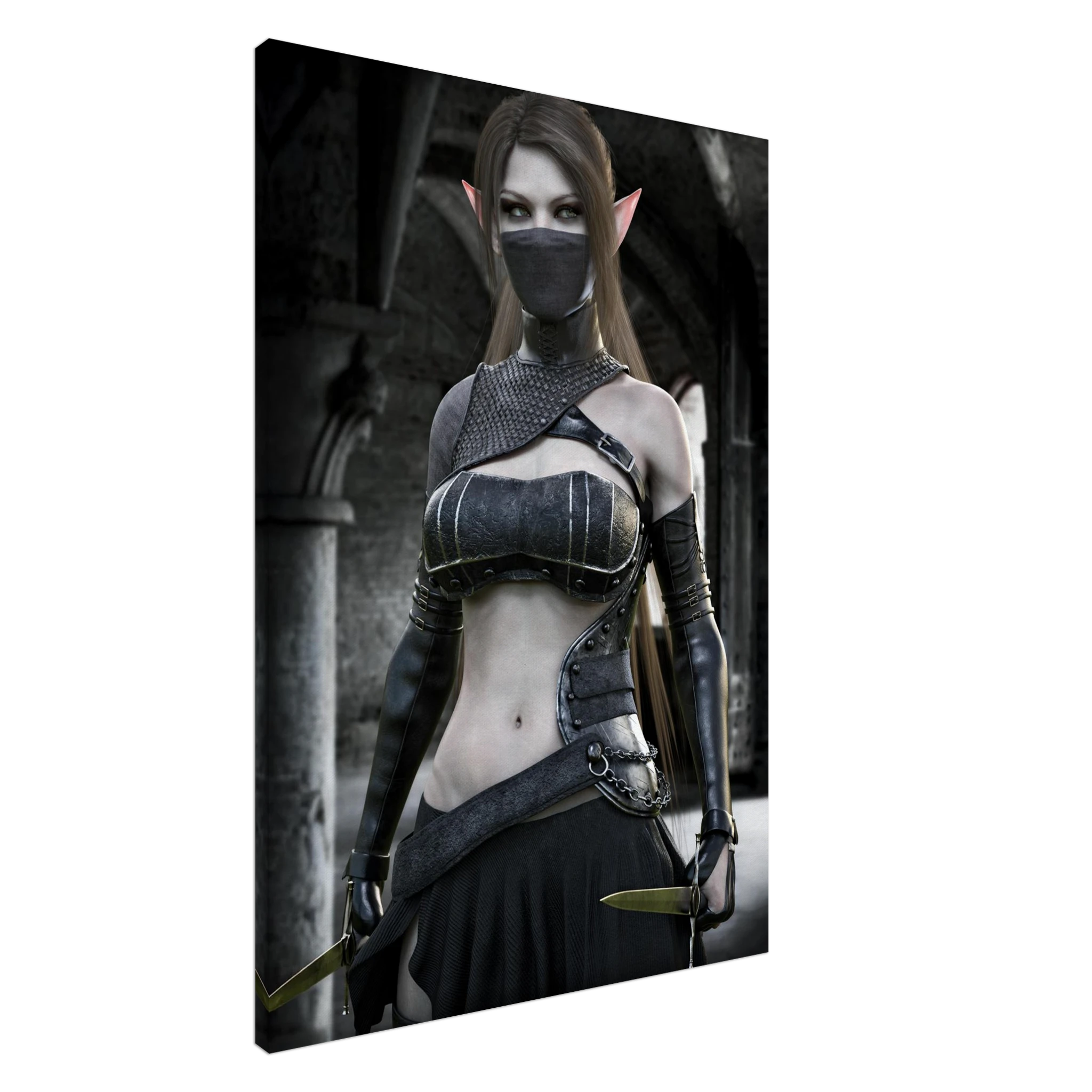 A vertical canvas wall art print featuring a fantasy elf woman in dark armor and a black face mask, shown at an angle against a plain white background.