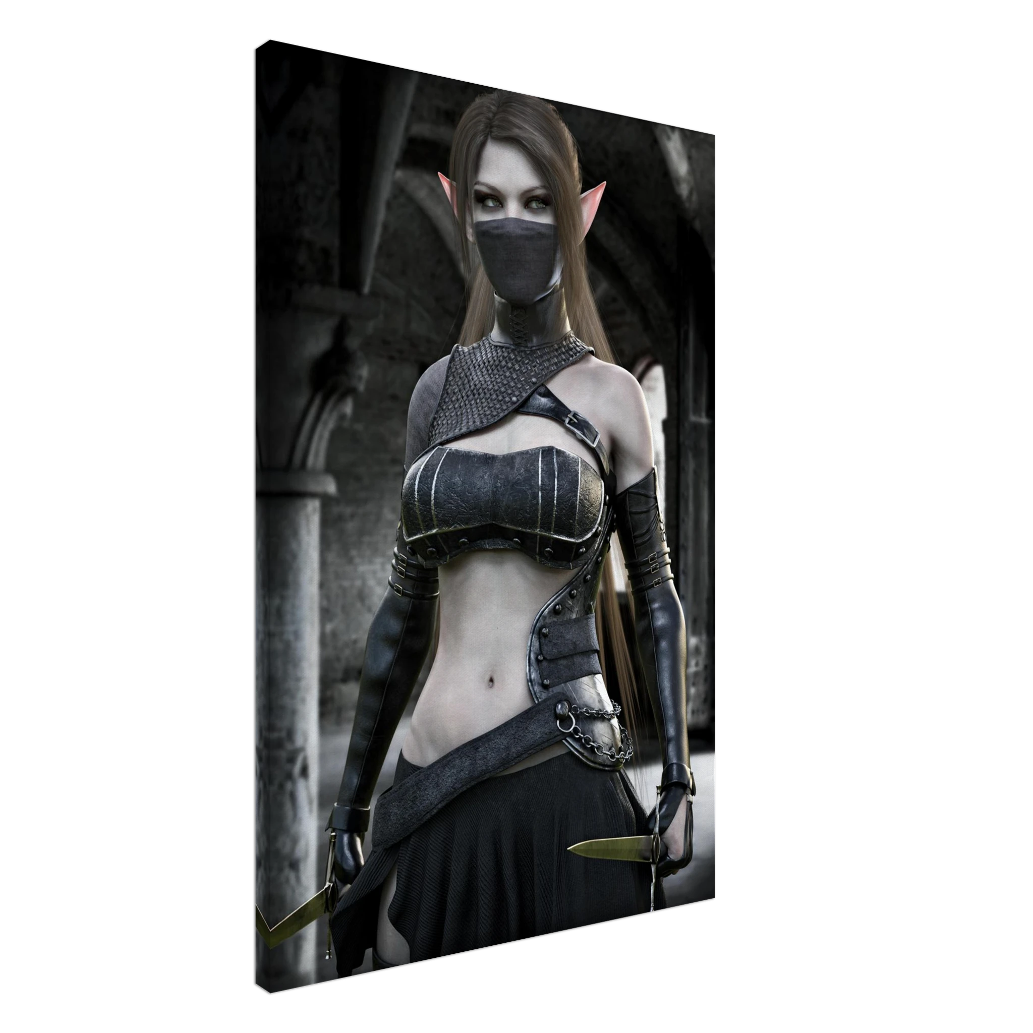 A vertical canvas wall art print showing a fantasy female elf character with pointed ears, a black face mask, and dark armor, photographed against a plain white background.