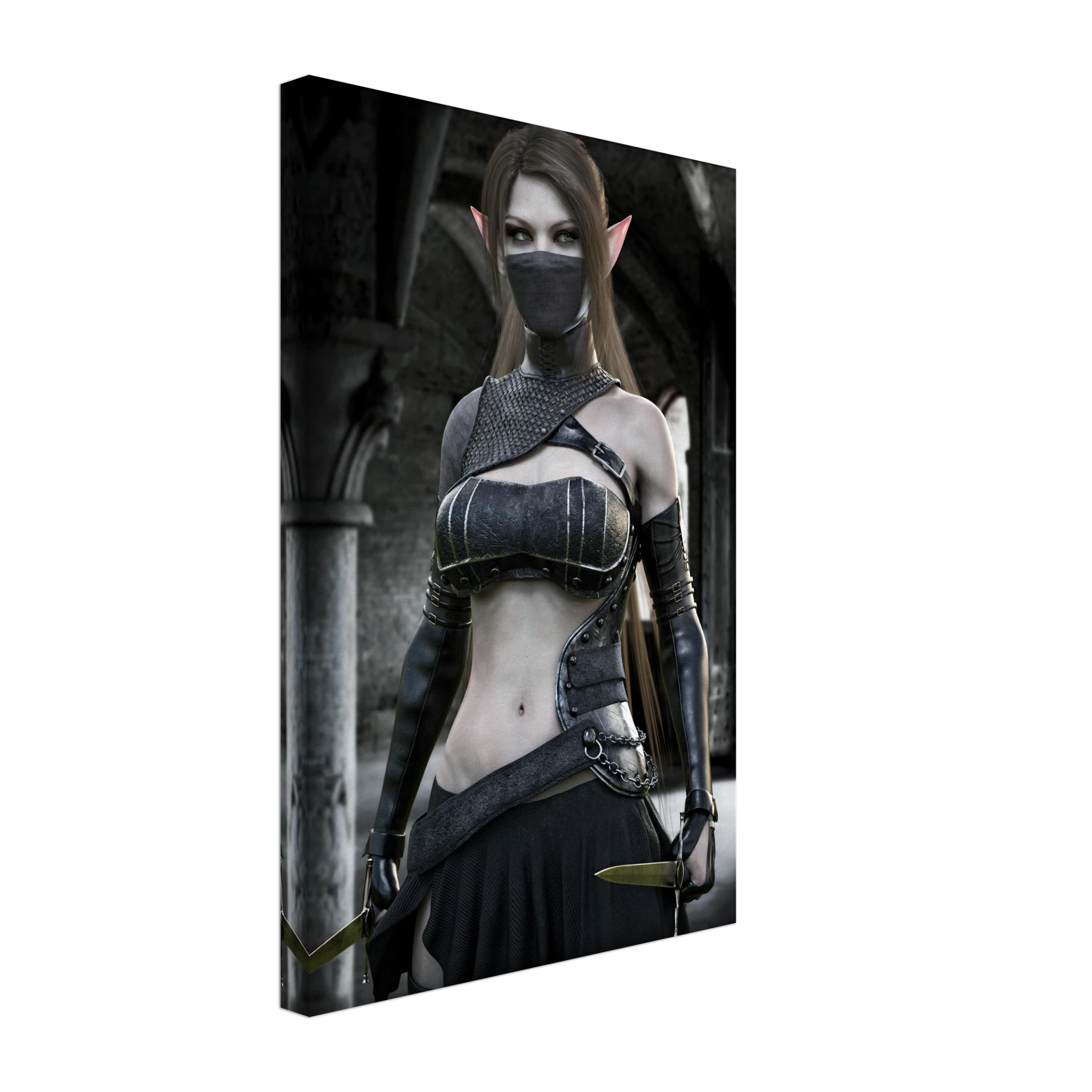 A vertical canvas wall art print showing a fantasy elf woman with pointed ears, a black face mask, and dark armor, photographed against a plain white background.
