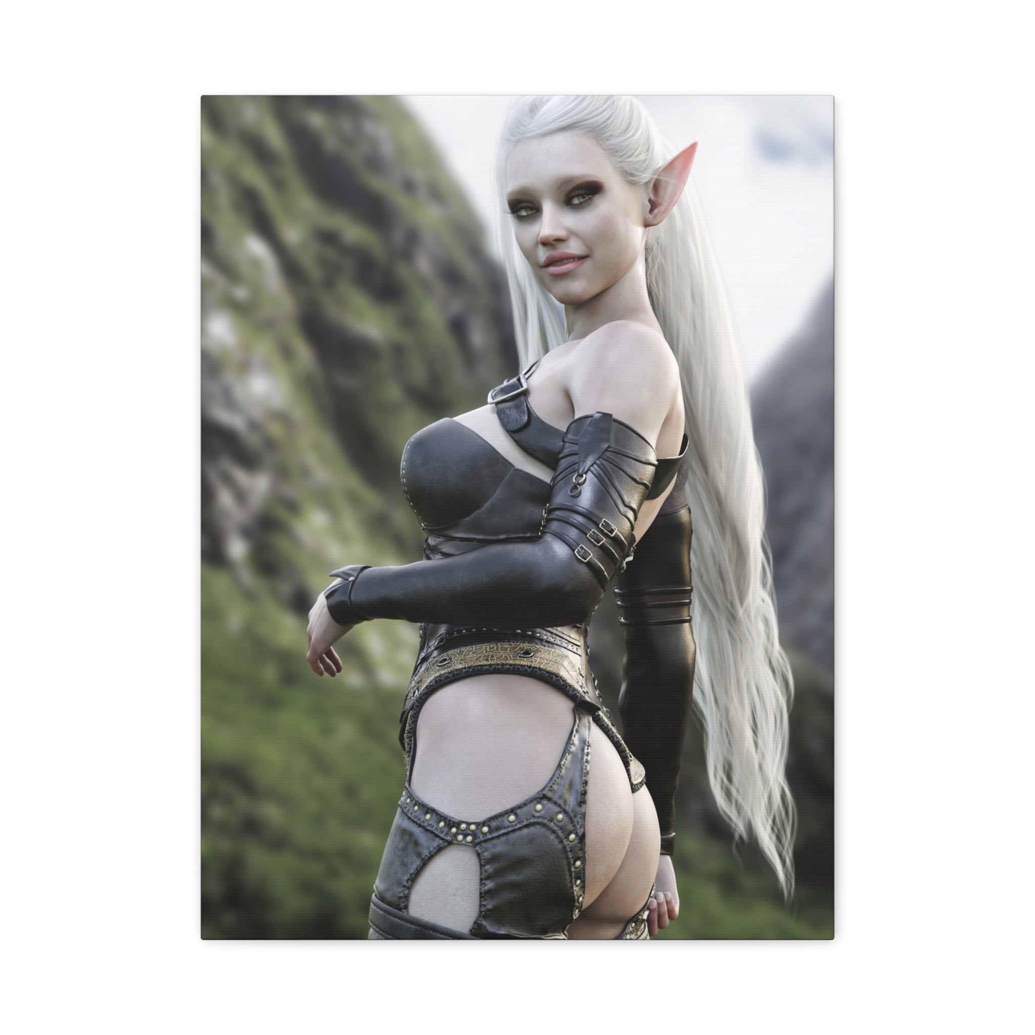Drow dark elf wall art featuring a white-haired elven warrior in dark armor, standing in a mountain landscape with a confident, mysterious gaze.